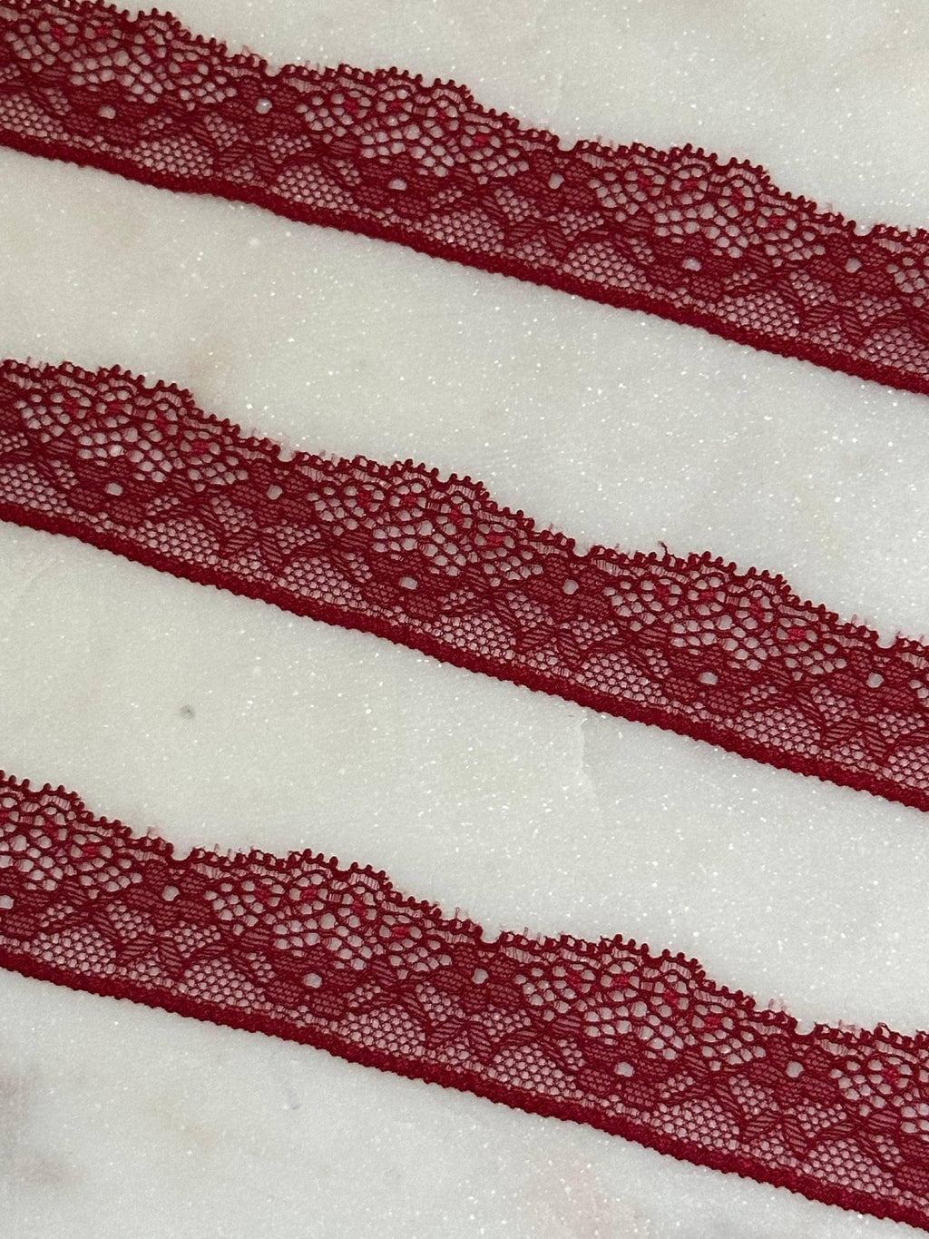 10yds Soft Crimson Wine Floral Stretch Eyelash Lace Trim by the Yard, Narrow Scalloped Elastic Ribbon for Crafts, 1", Retail Wholesale Bulk
