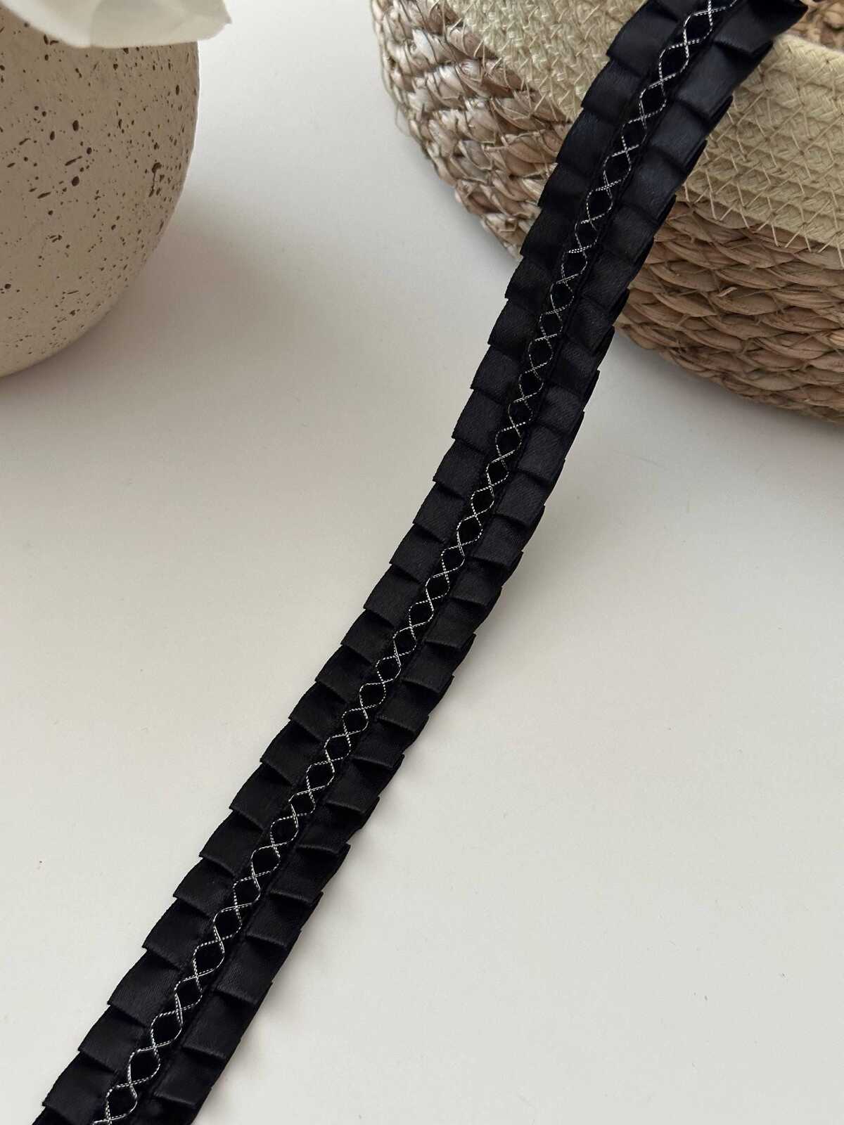 5Yds Black Box Pleated Satin Lace, 0.95" Silver Stitch Ribbon, Bulk Clearance Coquette Y2K Lace, Garment Trim, DIY Sewing, Retail Wholesale