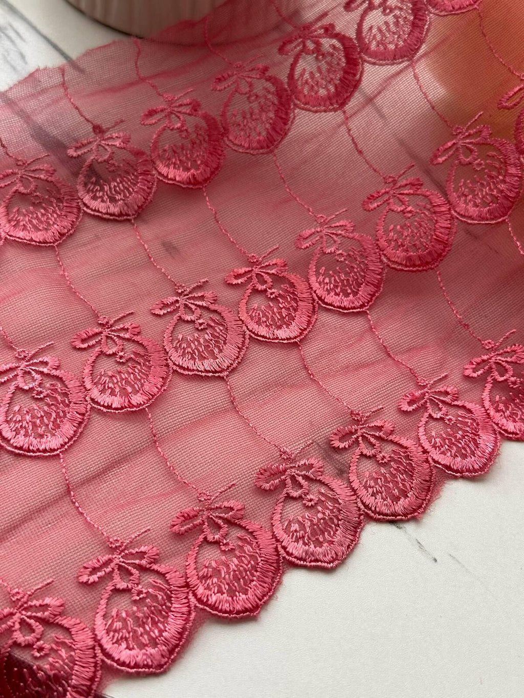 1Yd Non-Stretch 7" Pink Strawberry Tulle Mesh Embroidered Lace Trim Wholesale