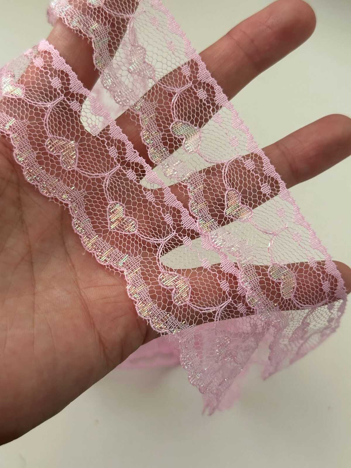 10yds Pink Heart Lace Trim, 1" Non-Stretch Ribbon, Bulk Clearance Coquette Y2K Lace, Garment Trim, DIY Sewing, Retail Wholesale