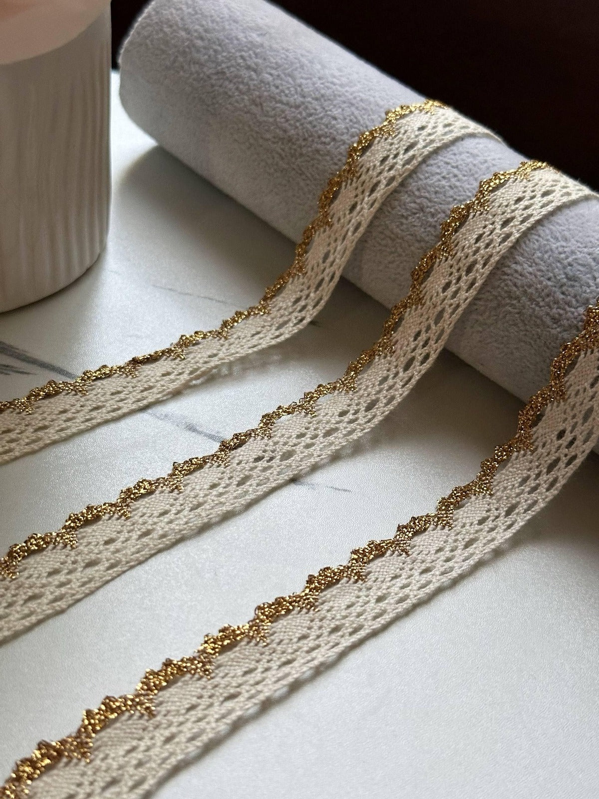 10yds  Cotton Lace Trim with Gold Edge by Yard, 0.7" Openwork Ribbon, Metallic Scalloped Border, Coquette Craft  DIY Sewing Retail Wholesale