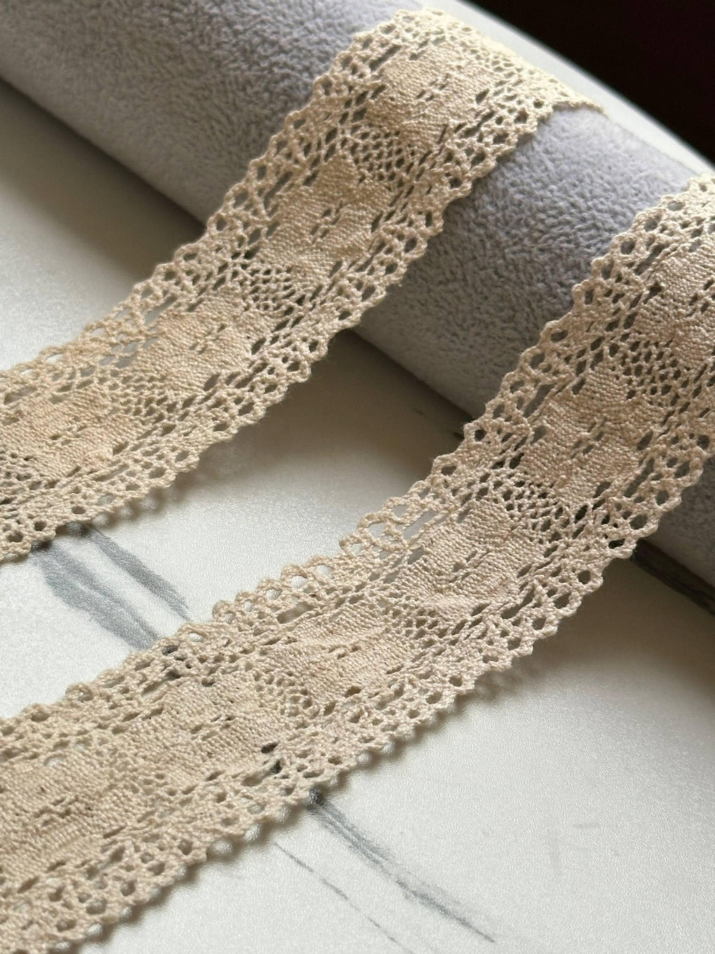 Soft Natural Beige Beige Cotton Crochet Geometric Lace Trim by the Yard, Scalloped Cotton Ribbon for Crafts, 1.35", Retail Wholesale Bulk