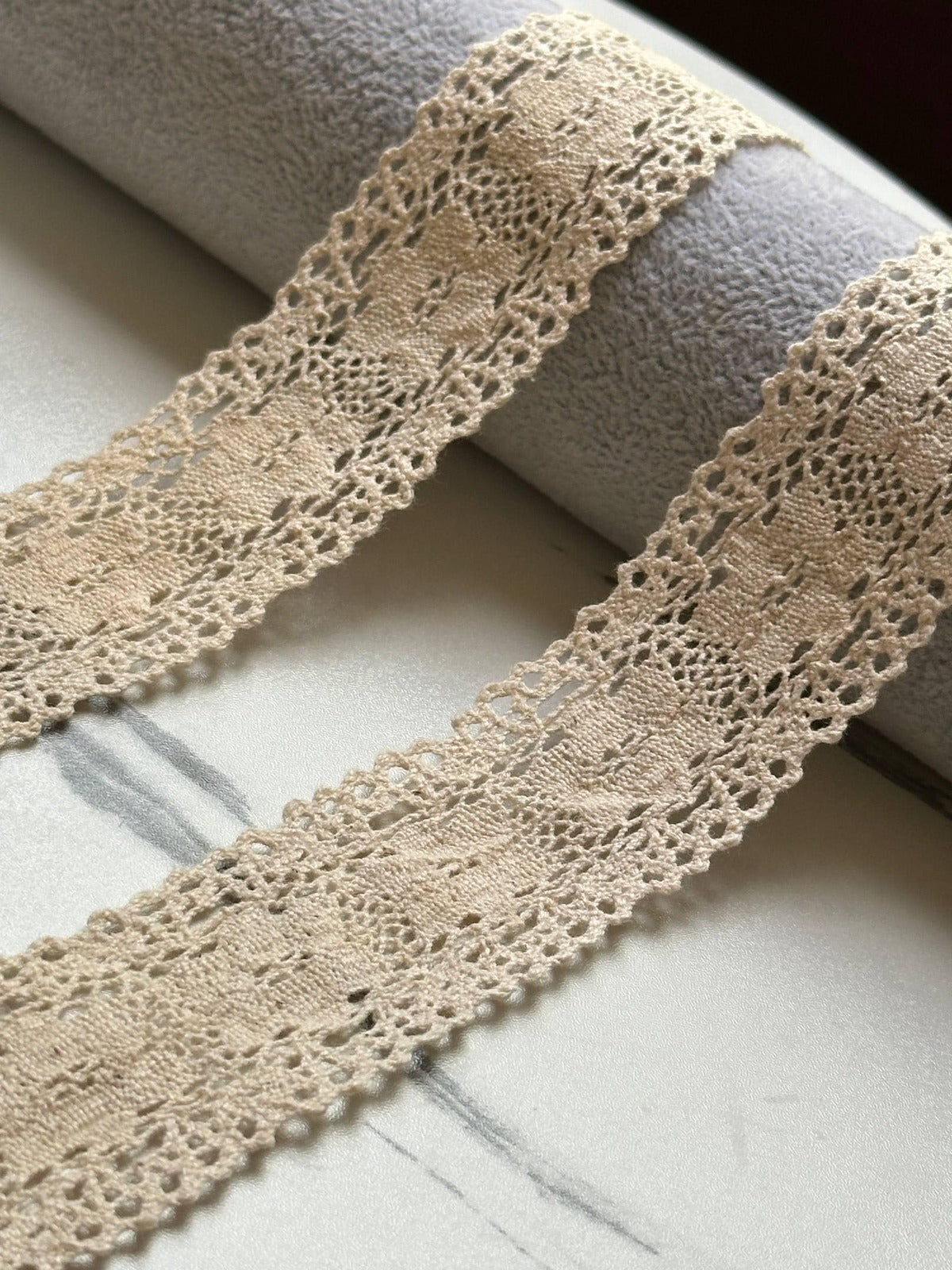 Soft Natural Beige Beige Cotton Crochet Geometric Lace Trim by the Yard, Scalloped Cotton Ribbon for Crafts, 1.35", Retail Wholesale Bulk