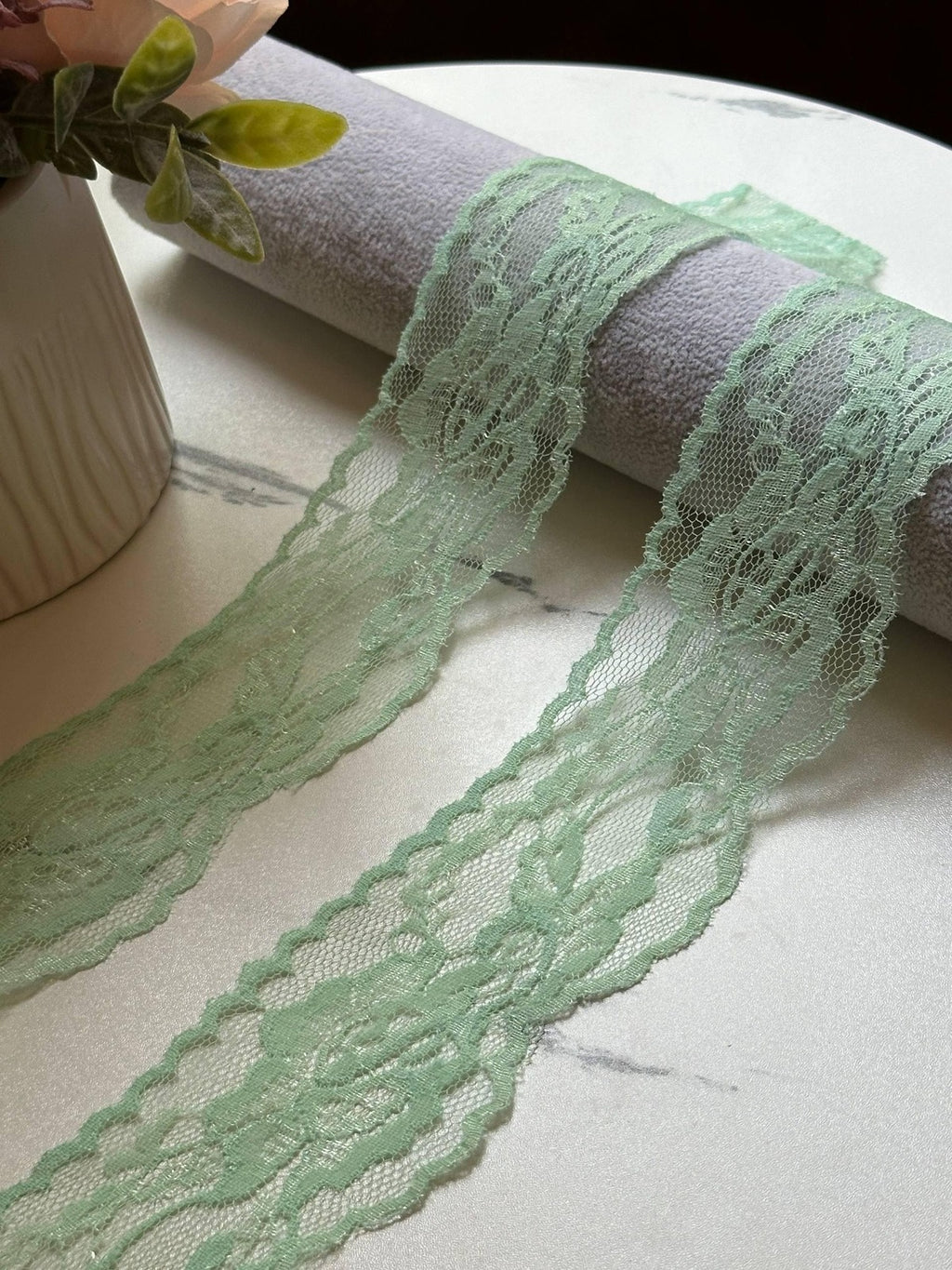 10yds Mint Sage Green Floral Non Stretch Rigid Lace Trim by the Yard, Wide Scalloped Galloon Ribbon for Bridal Crafts, 2"