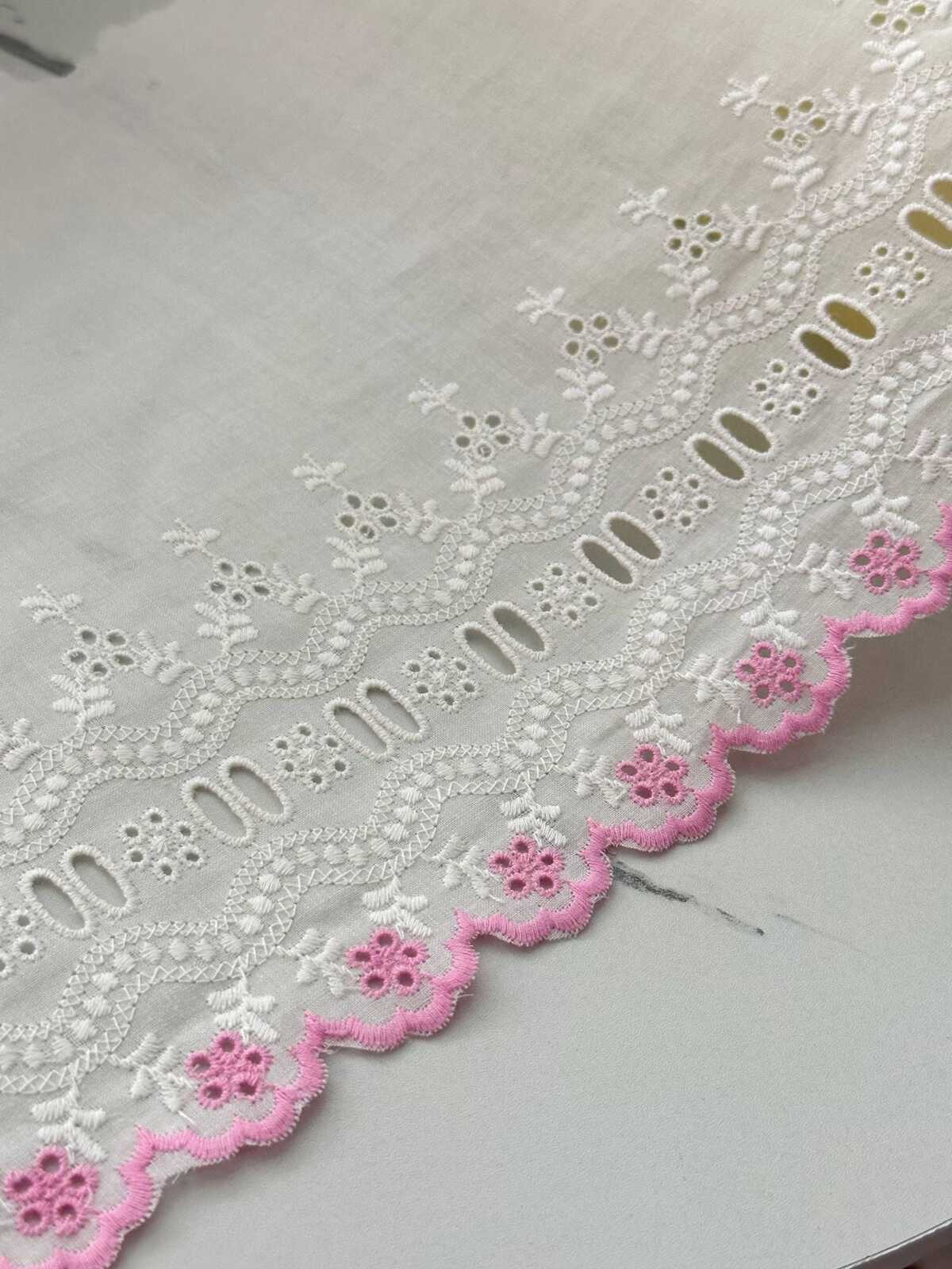 1Yd Non-Stretch 8.3" Off-White Pink Cotton Eyelet Embroidered Lace Trim