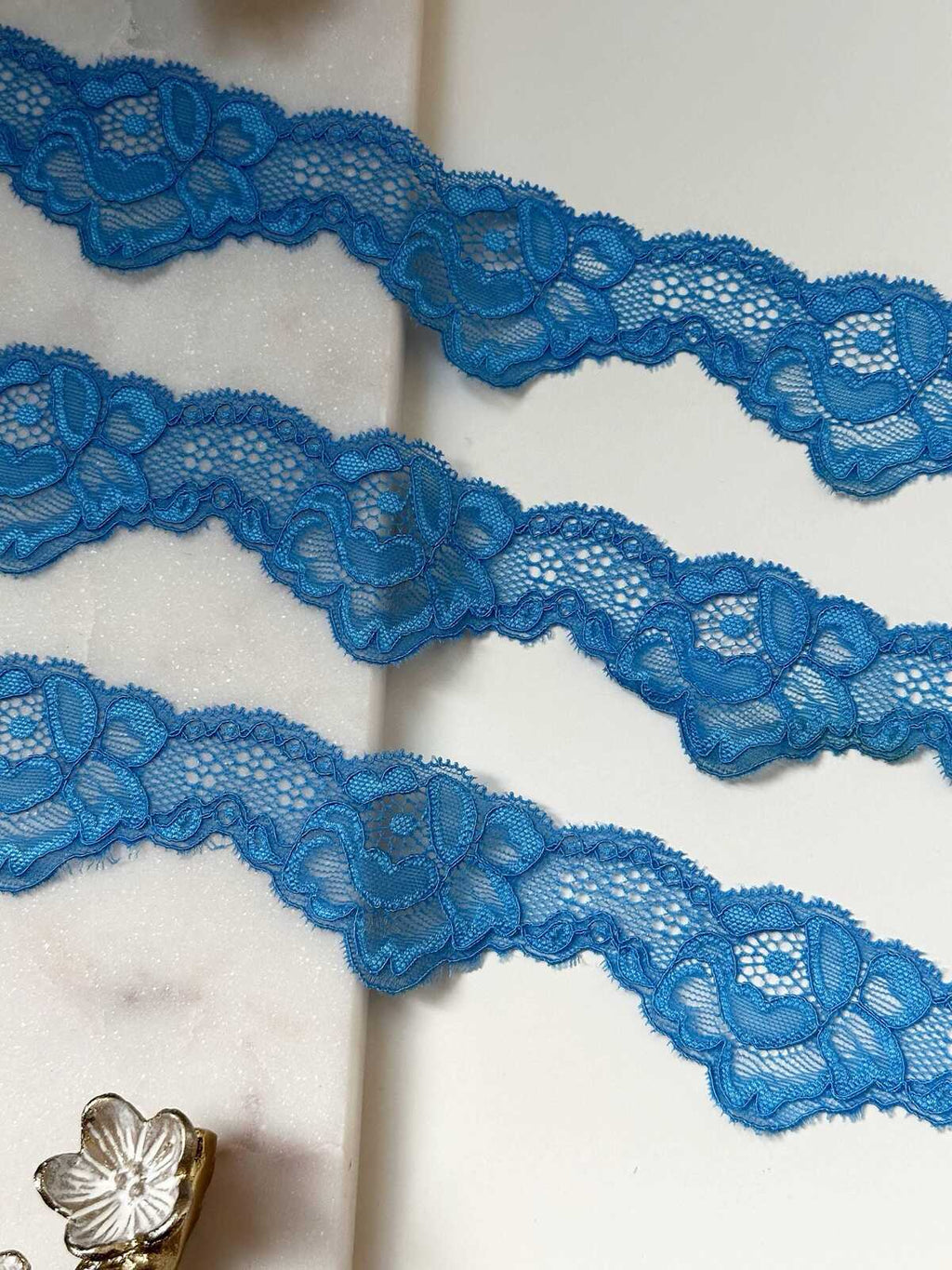 Blue Stretch Lace Trim by Yard, 1.85" Wide Ocean Elastic Ribbon, Lingerie Lace, Coquette Craft Supply, DIY Sewing, Retail Wholesale