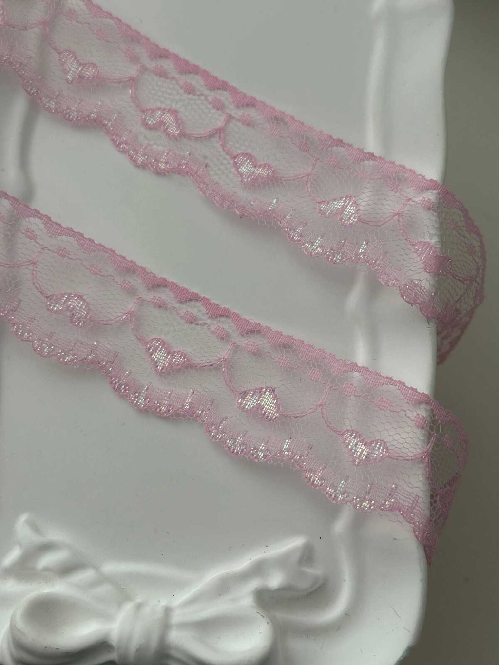10yds Pink Heart Lace Trim, 1" Non-Stretch Ribbon, Bulk Clearance Coquette Y2K Lace, Garment Trim, DIY Sewing, Retail Wholesale