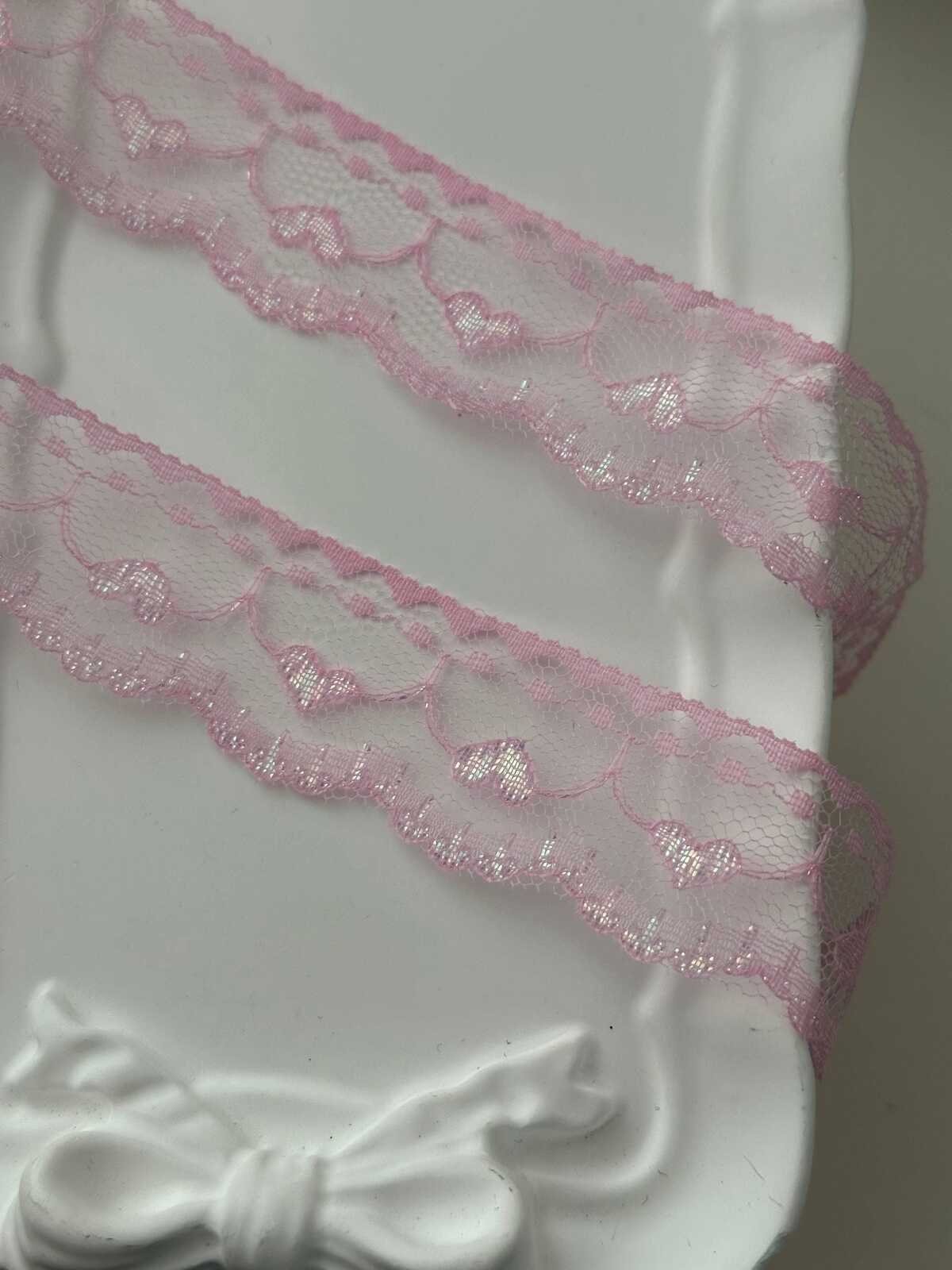 10yds Pink Heart Lace Trim, 1" Non-Stretch Ribbon, Bulk Clearance Coquette Y2K Lace, Garment Trim, DIY Sewing, Retail Wholesale