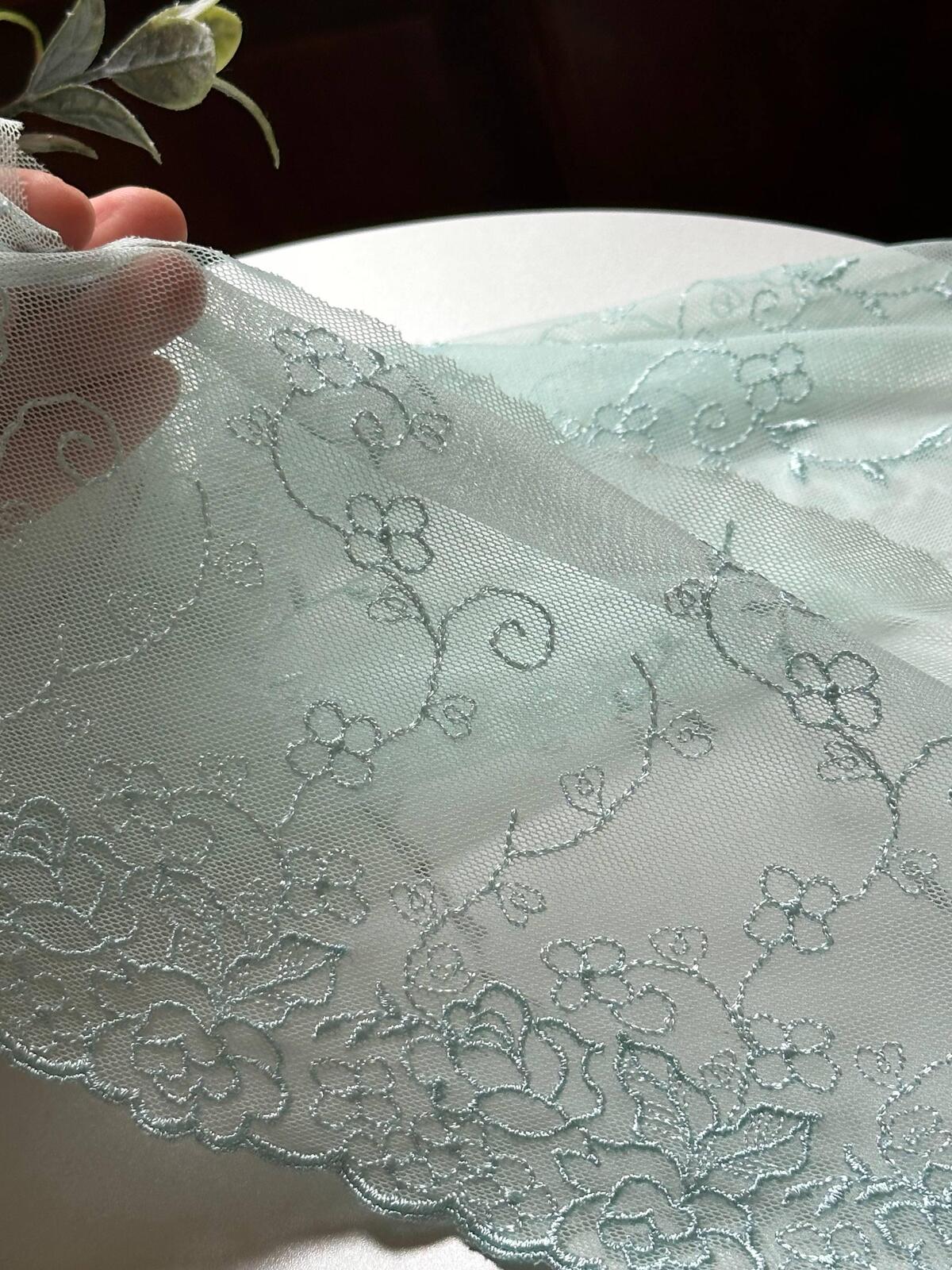 Mint Green Embroidered Tulle Lace Trim, Ultra Soft Sheer Mesh Ribbon, Coquette Craft Supply, 7", Retail Wholesale Bulk