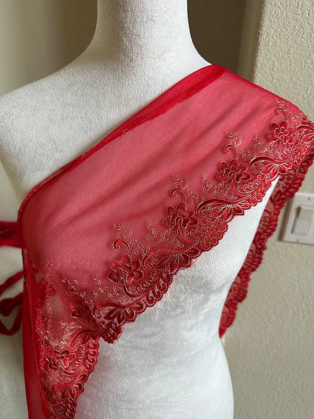 6" Red Embroidered Mesh Lace Trim Soft Tulle Scalloped Edge Floral Vine Ribbon for Lingerie Bridal Gowns Crafts Sewing