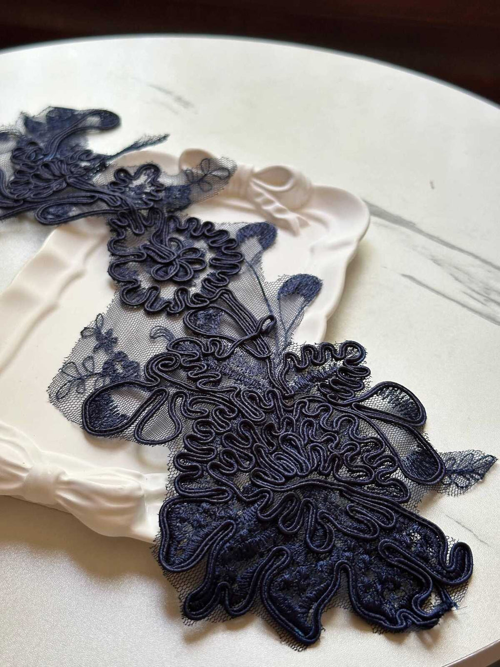Midnight Navy Corded Floral Lace Applique Motif, 3D Heavy Embroidered Mesh Patch for Bridal Gown Dress Sewing, 12"