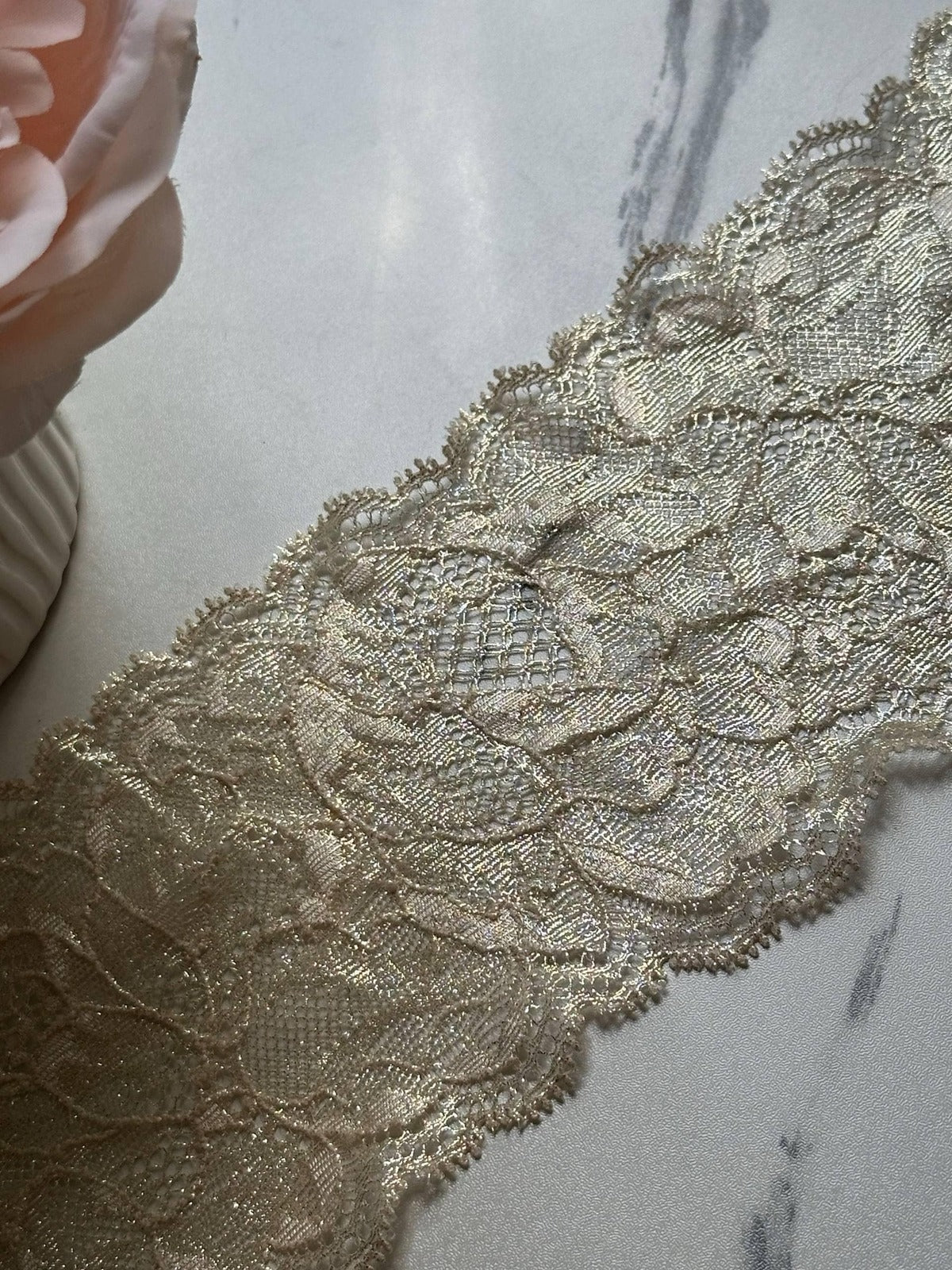 3yds Gold Metallic Floral Stretch Lace Trim, 3.5" Shimmer Ribbon, Bulk Clearance Coquette Y2K Lace, Lingerie, DIY Sewing, Retail Wholesale