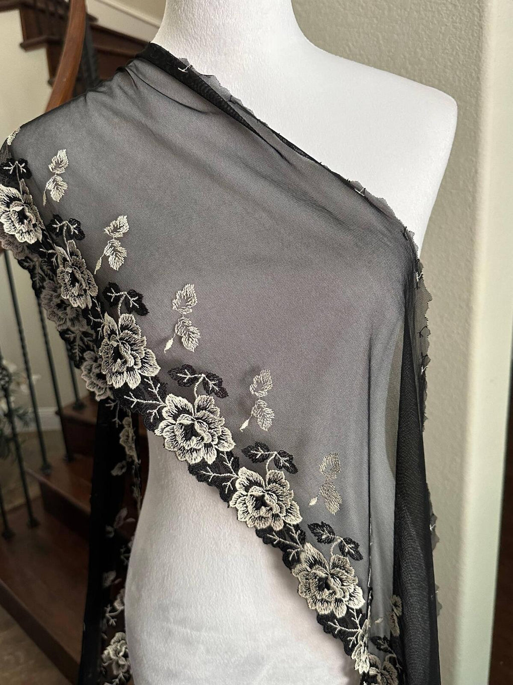 Black Ivory Embroidered Mesh Lace Trim, Extra Wide Tulle Border Ribbon, Coquette Craft Supply, 9", Retail Wholesale Bulk