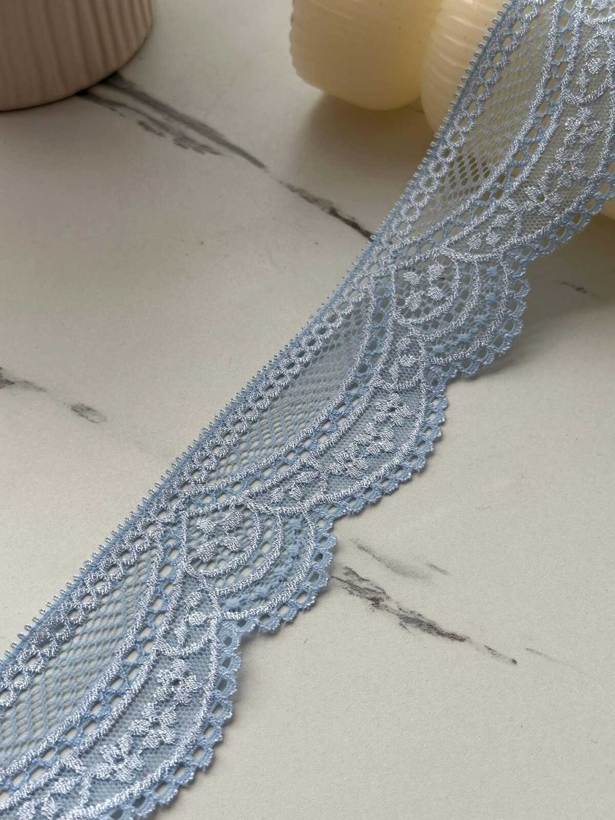 10Yds Stretch 1.9" Light Dusty Blue Floral Scalloped Stretch Lace Wholesale