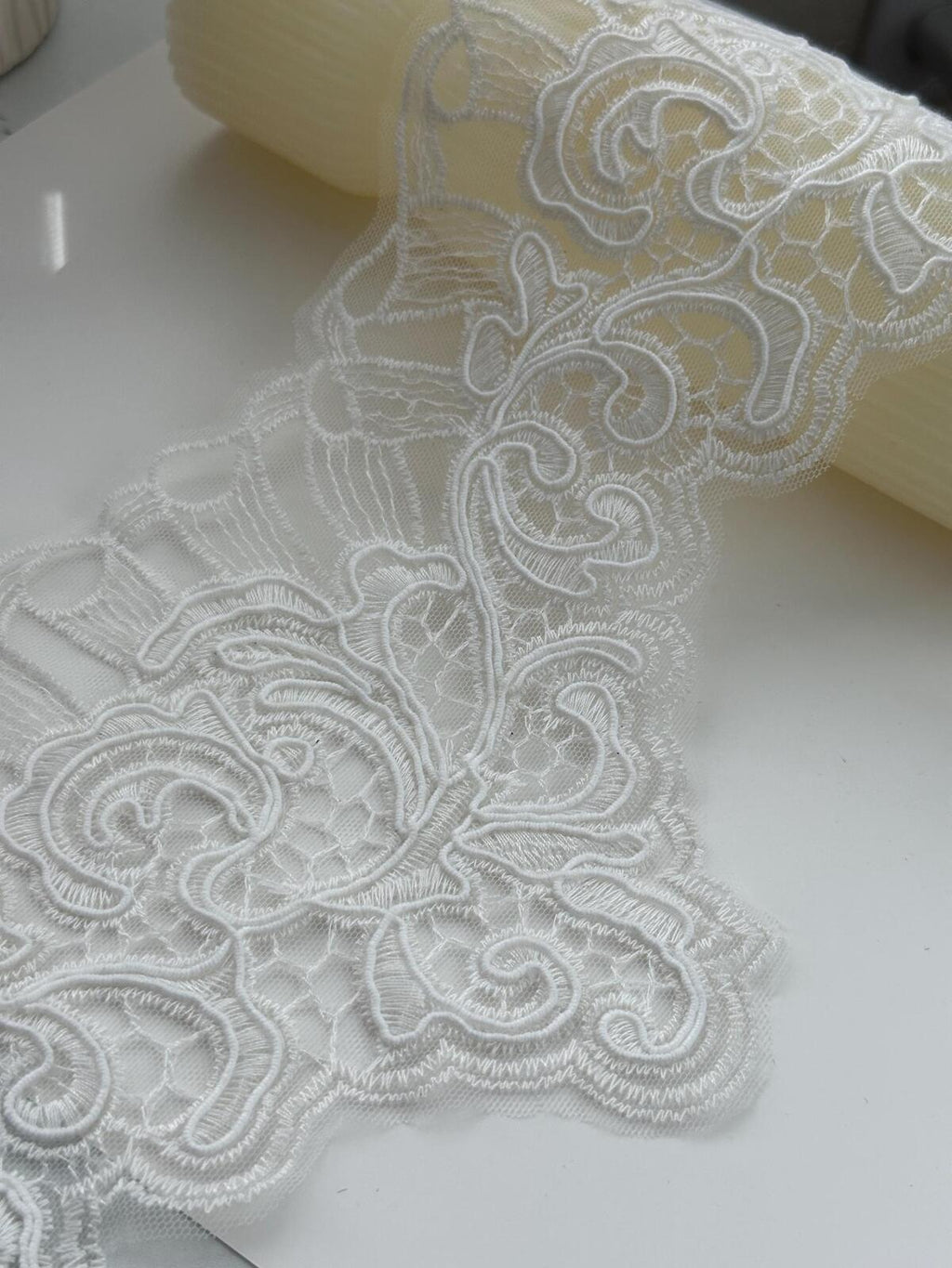 1Yd Non-Stretch 6" Off-White Corded Embroidery Bridal Mesh Lace Wholesale