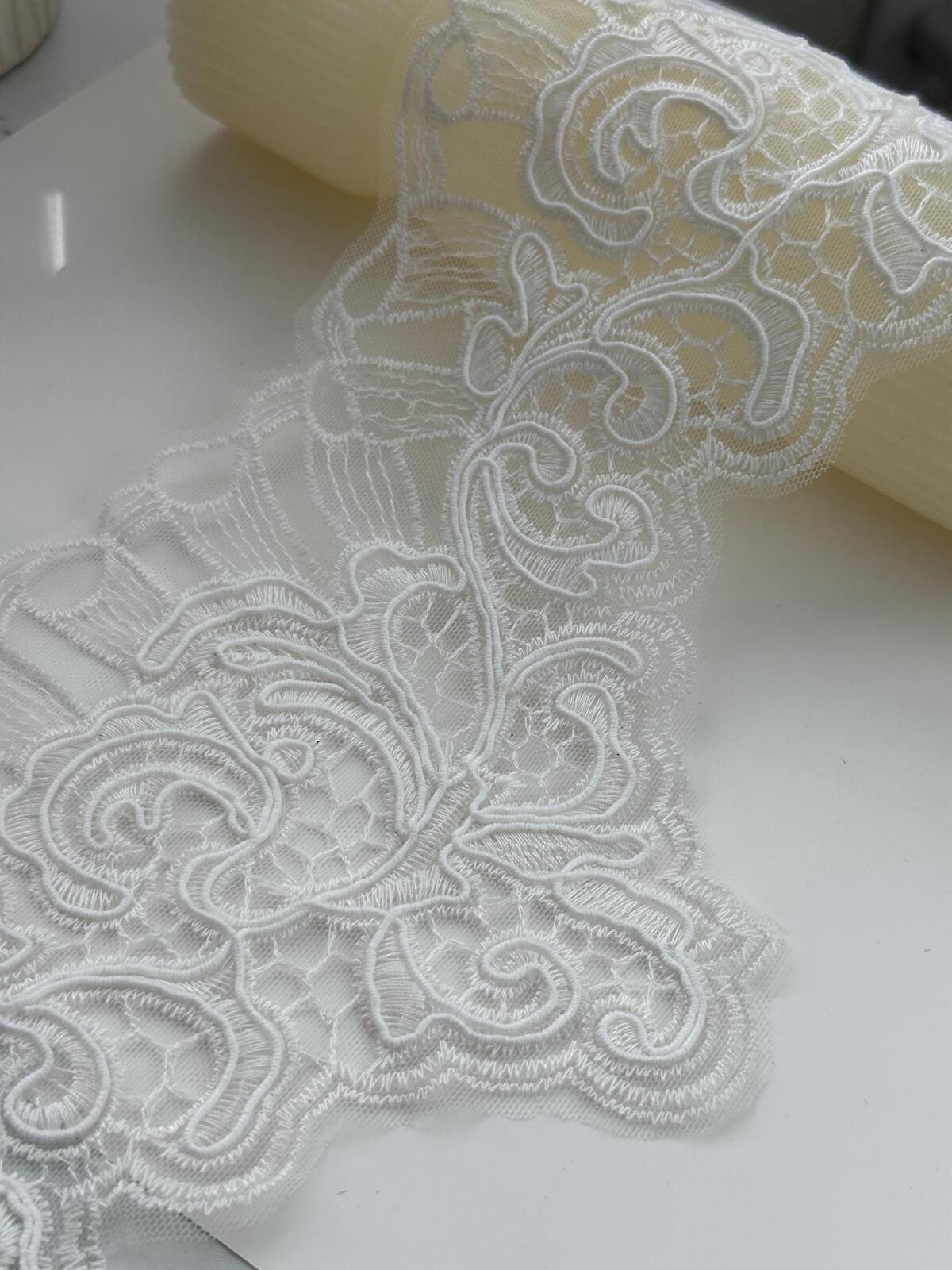 1Yd Non-Stretch 6" Off-White Corded Embroidery Bridal Mesh Lace Wholesale