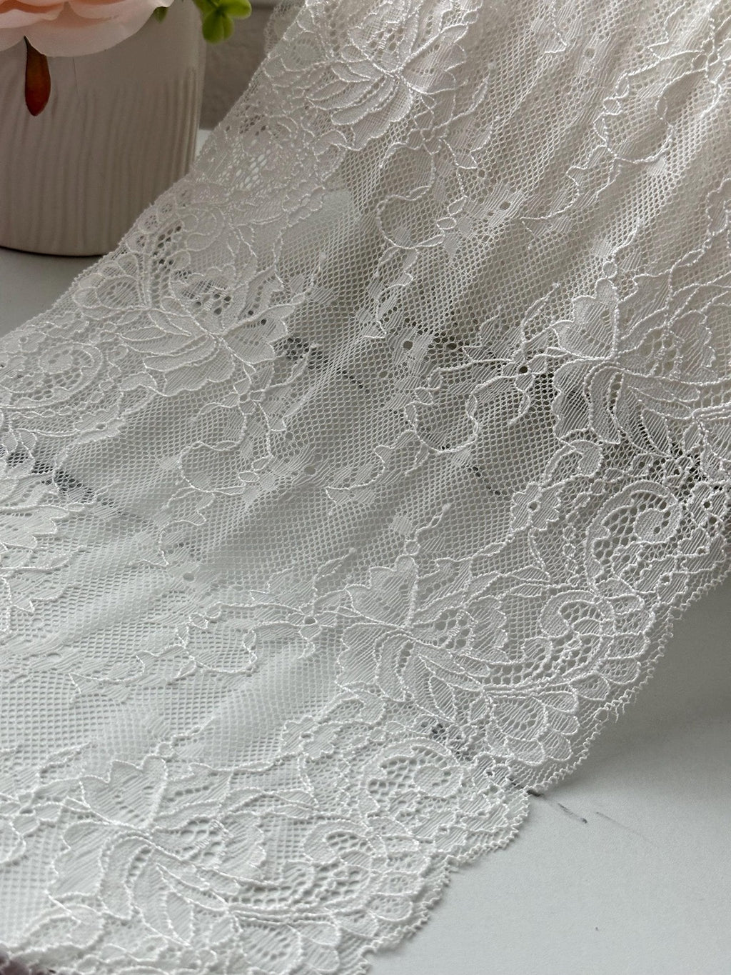 3Yds Soft Stretch 8" French White Floral Scalloped Wide Stretch Lace Wholesale