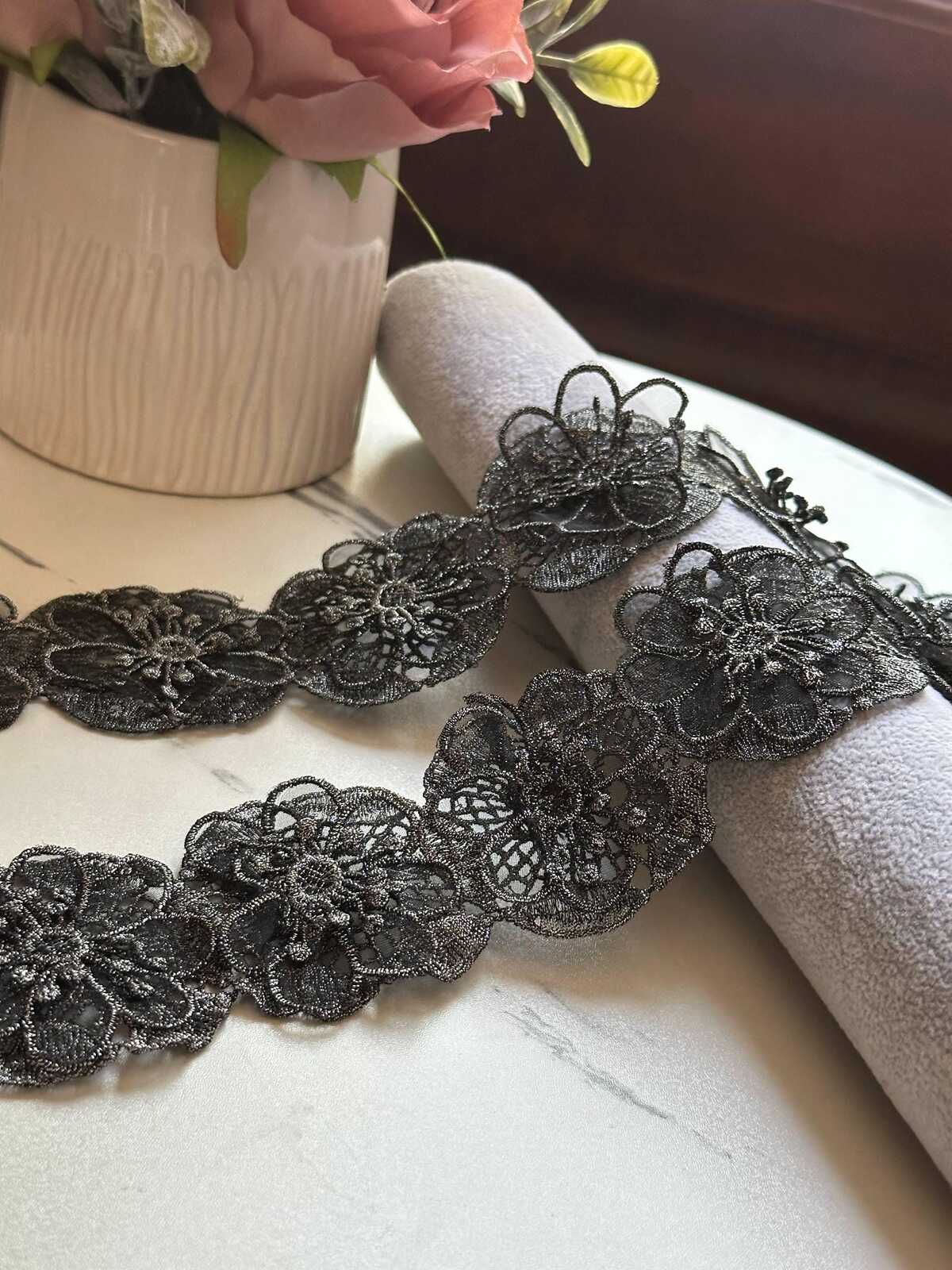 Black Silver Metallic 3D Floral Guipure Lace Trim by the Yard, 3D Flower Embroidered Ribbon for Evening Gowns, 2"