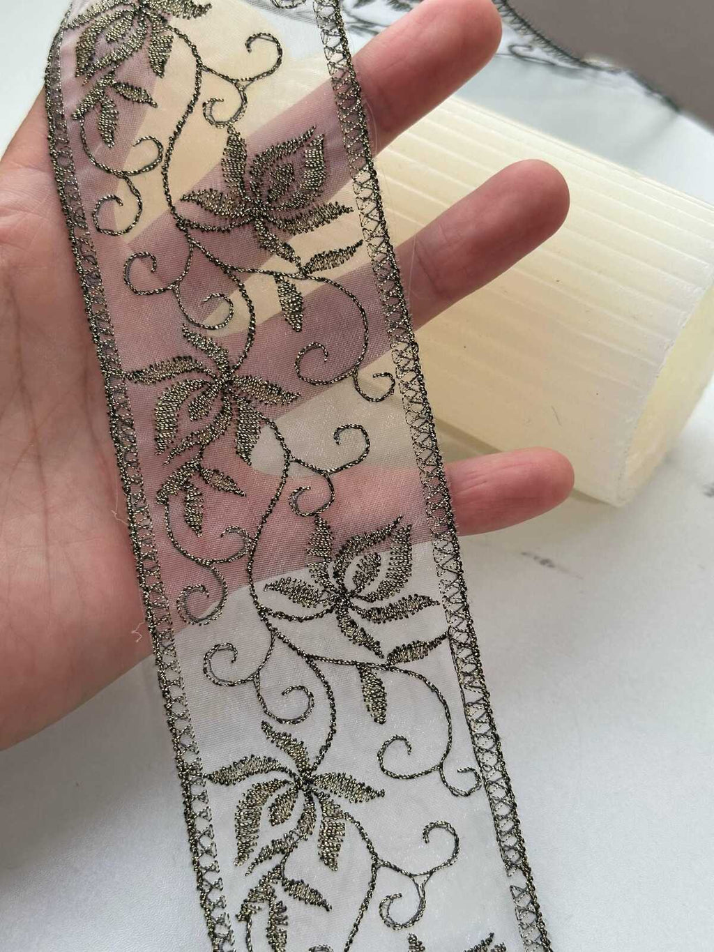 5Yds Non-Stretch 2.15" Antique Gold Floral Organza Embroidered Lace Trim