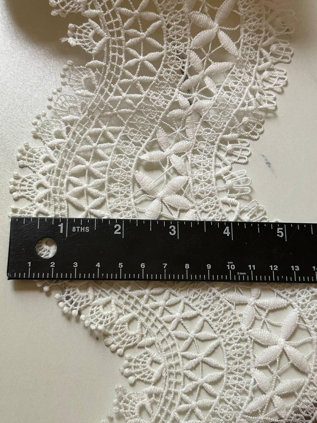 4.25" White Guipure Lace Trim Wide Venice Chemical Embroidered Scalloped Edge Water Soluble Lace for Cotton Skirt Garment Sewing
