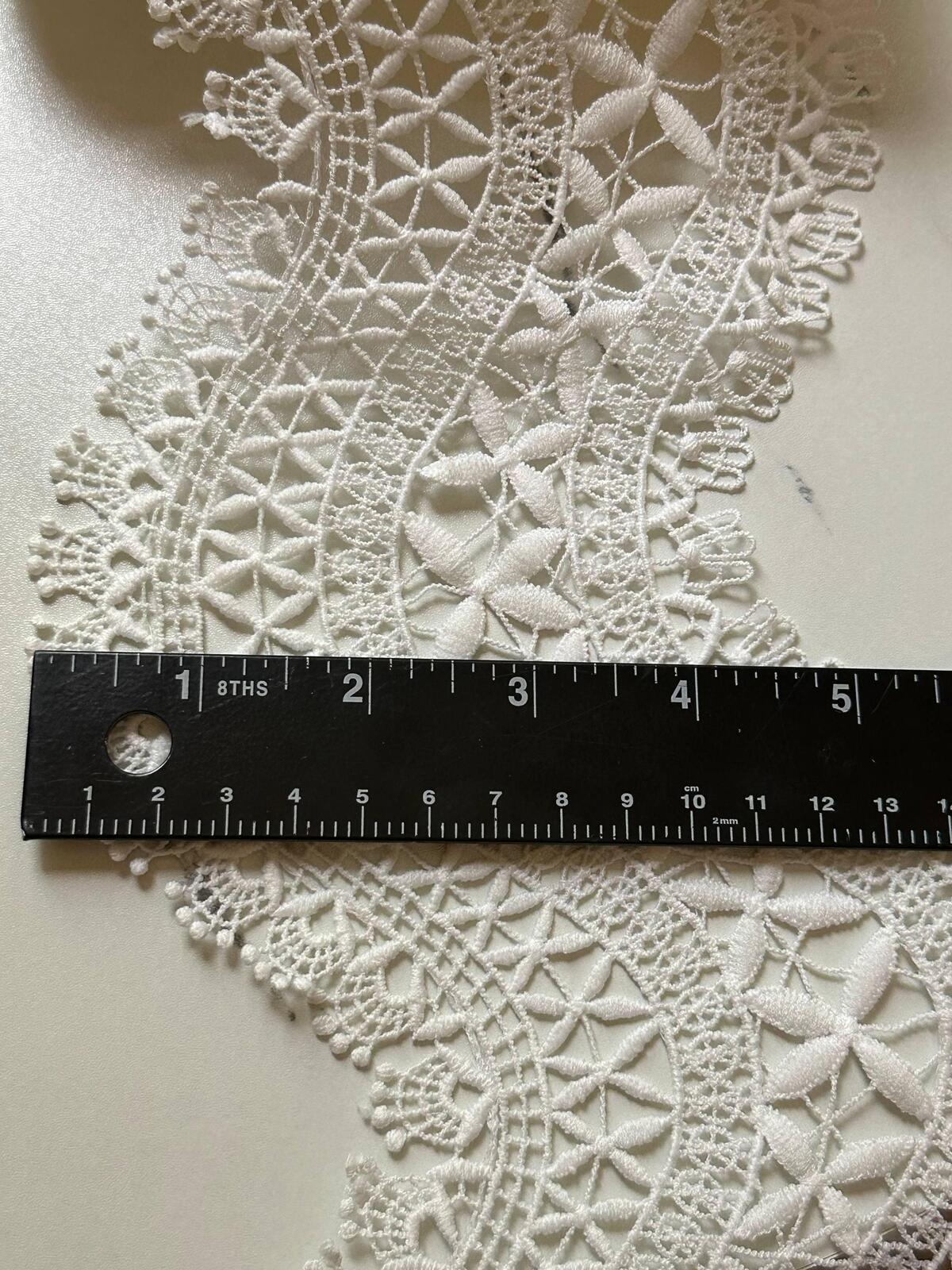 4.25" White Guipure Lace Trim Wide Venice Chemical Embroidered Scalloped Edge Water Soluble Lace for Cotton Skirt Garment Sewing