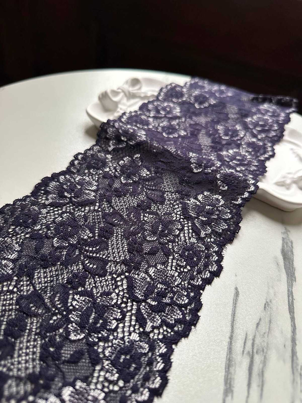 Dark Indigo Navy Violet Floral Stretch Elastic Lace Trim Symmetrical Double Scalloped Wide Galloon Ribbon fs Crafts Sewing, 4.85"