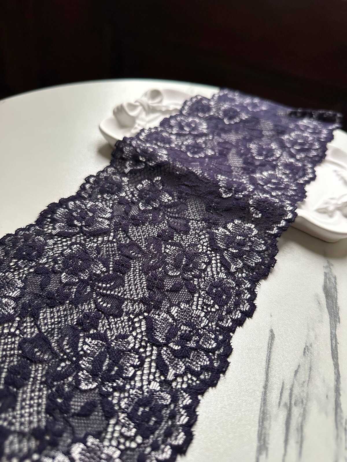 Dark Indigo Navy Violet Floral Stretch Elastic Lace Trim Symmetrical Double Scalloped Wide Galloon Ribbon fs Crafts Sewing, 4.85"