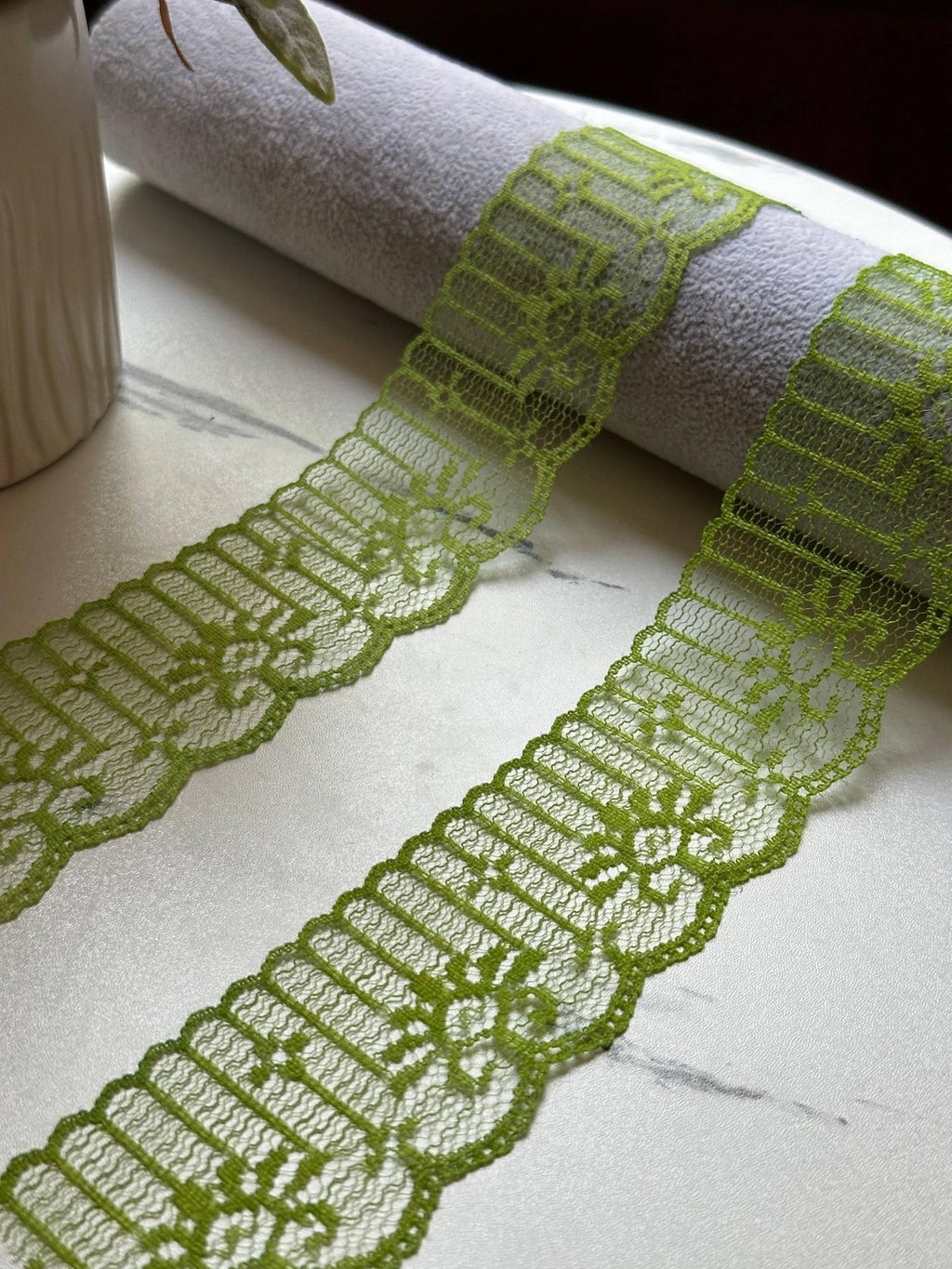 10yds Olive Matcha Green Floral Non Stretch Rigid Lace Trim by the Yard, Structured Scalloped Ribbon for Hair Bows Crafts, 1.85"