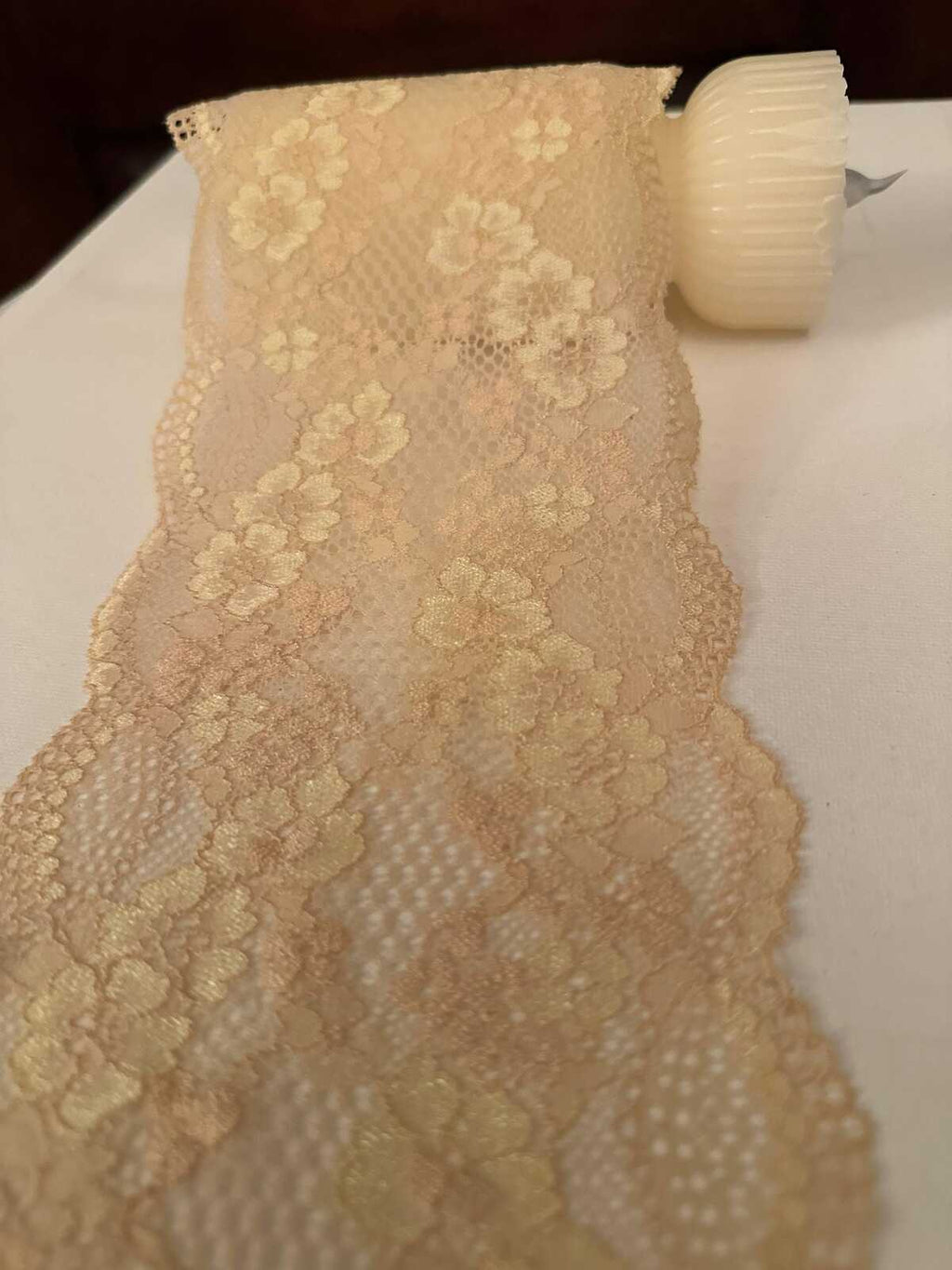 Champagne Gold Floral Stretch Elastic Lace Trim Symmetrical Double Scalloped Wide Galloon Ribbon for Lingerie Gowns Crafts, 4.5"