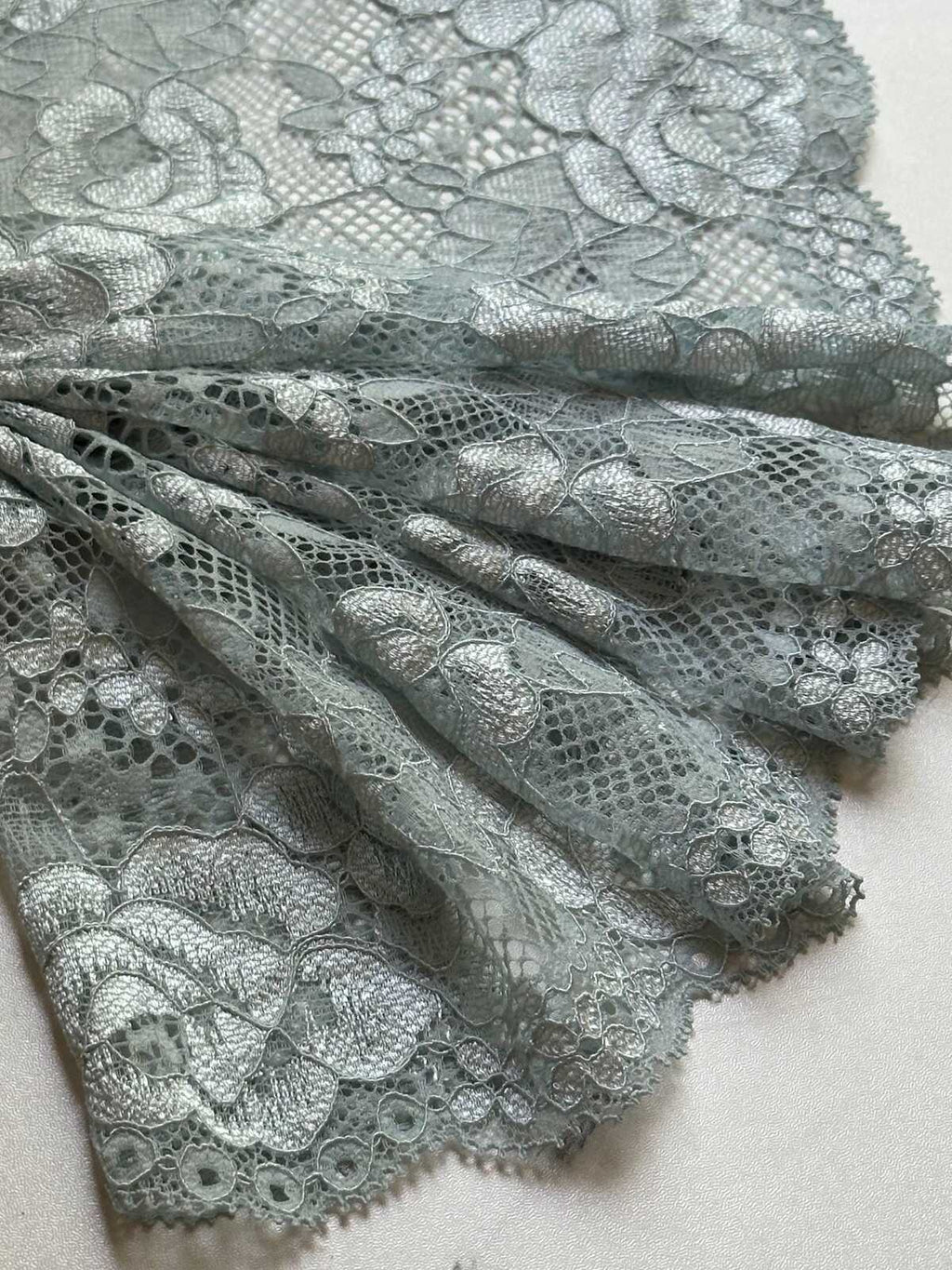 Muted Sage Dust Floral Stretch Lace Trim by the Yard, Wide Elastic Galloon Lace Trim for Lingerie Bridal Crafts, 6.5"