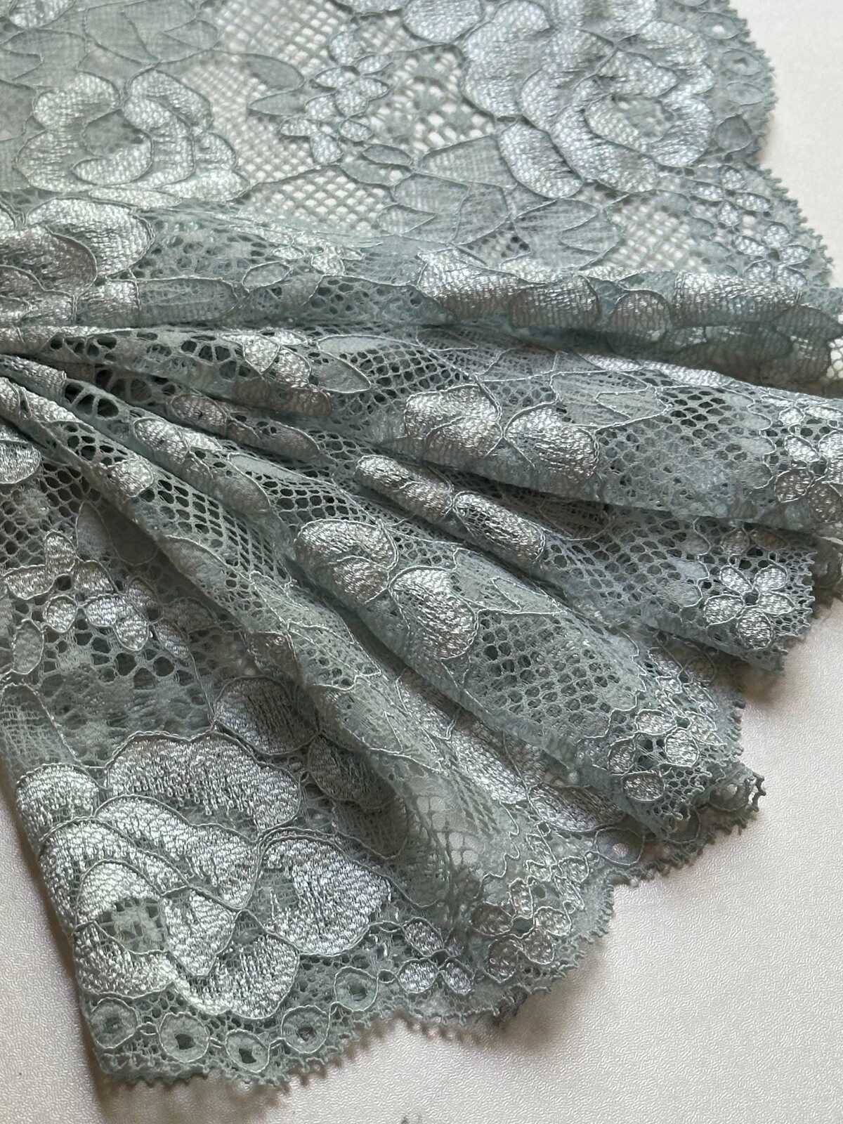 Muted Sage Dust Floral Stretch Lace Trim by the Yard, Wide Elastic Galloon Lace Trim for Lingerie Bridal Crafts, 6.5"