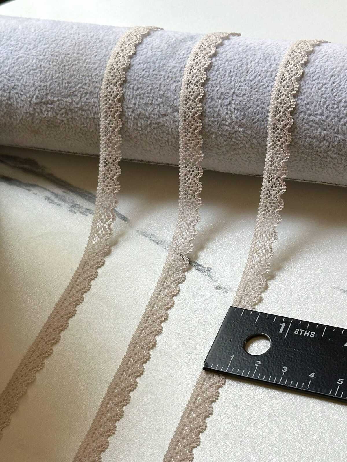 10yds Greige Stretch Lace Trim by Yard, Oatmeal Ultra Narrow Elastic Ribbon, Coquette Craft Supply, 0.35", Retail Wholesale Bulk