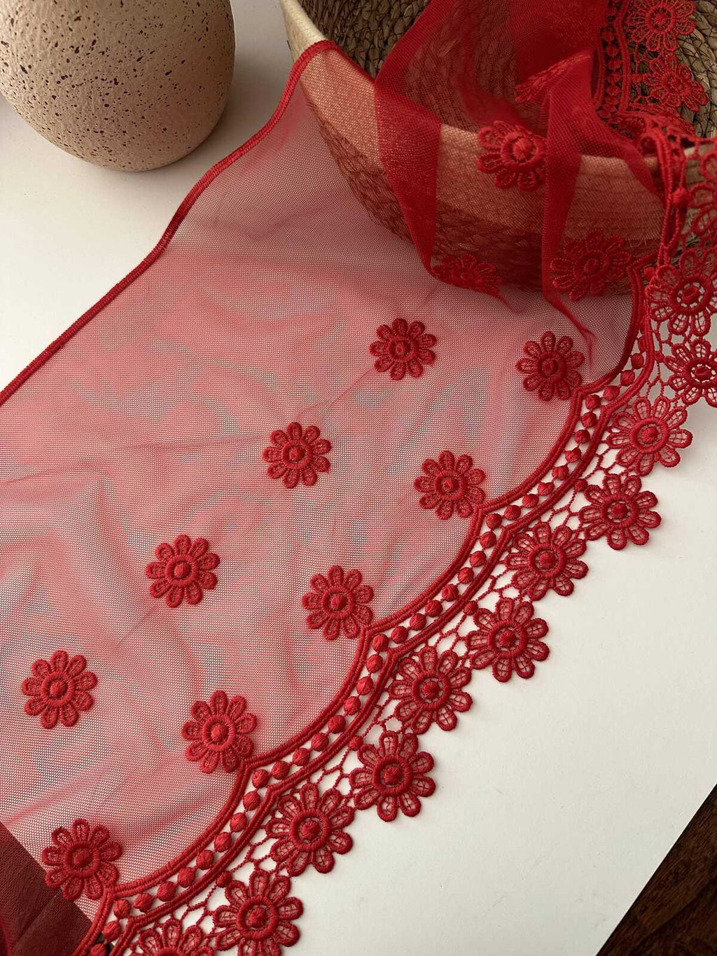 3Yds Non-Stretch 11" Red Daisy Floral Mesh Embroidered Lace Trim, Wholesale