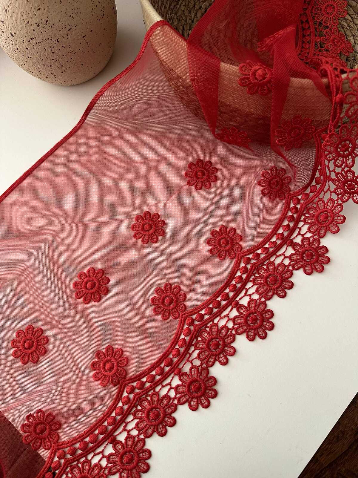 3Yds Non-Stretch 11" Red Daisy Floral Mesh Embroidered Lace Trim, Wholesale