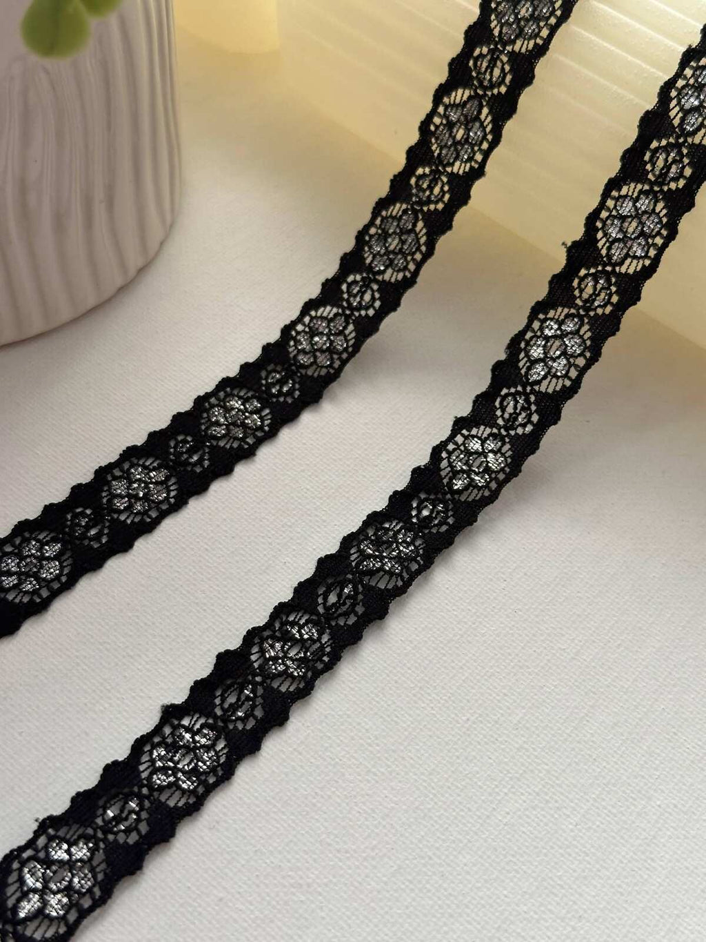 10Yds Stretch 0.6" Black Silver Metallic Floral Scalloped Stretch Lace Wholesale