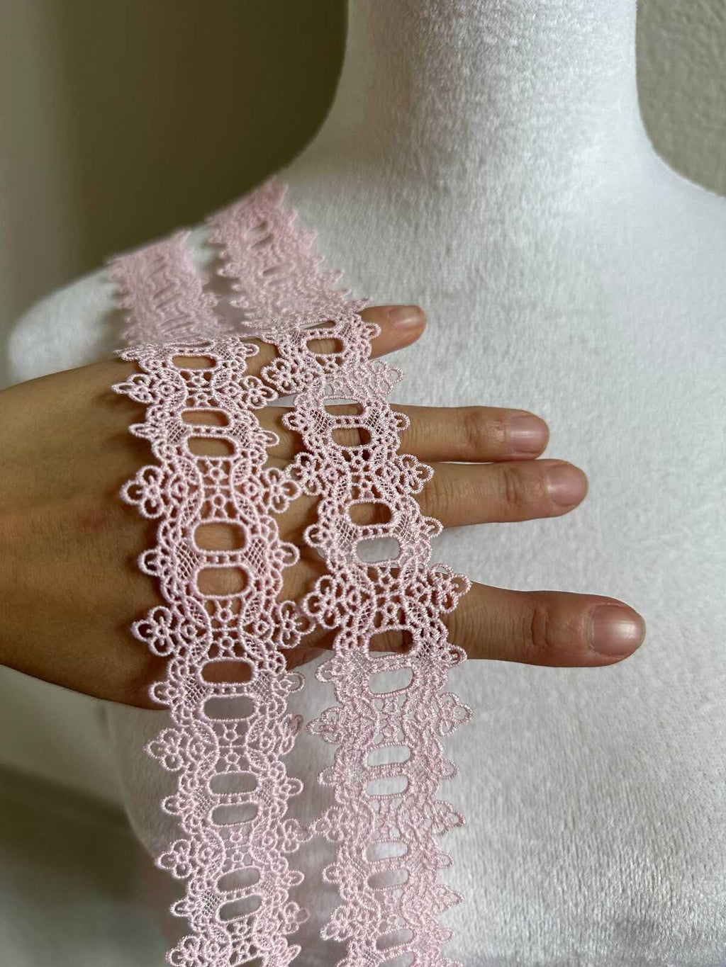 1.1" Pink Guipure Beading Lace Trim Water Soluble Embroidered Ribbon Thread Me Through Slot for Lingerie Gowns Dolls Crafts Sewing