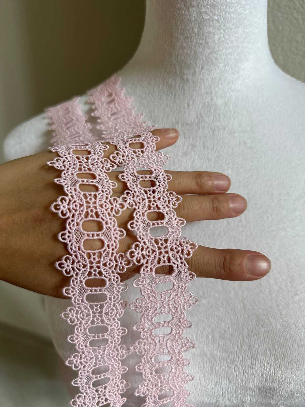 1.1" Pink Guipure Beading Lace Trim Water Soluble Embroidered Ribbon Thread Me Through Slot for Lingerie Gowns Dolls Crafts Sewing