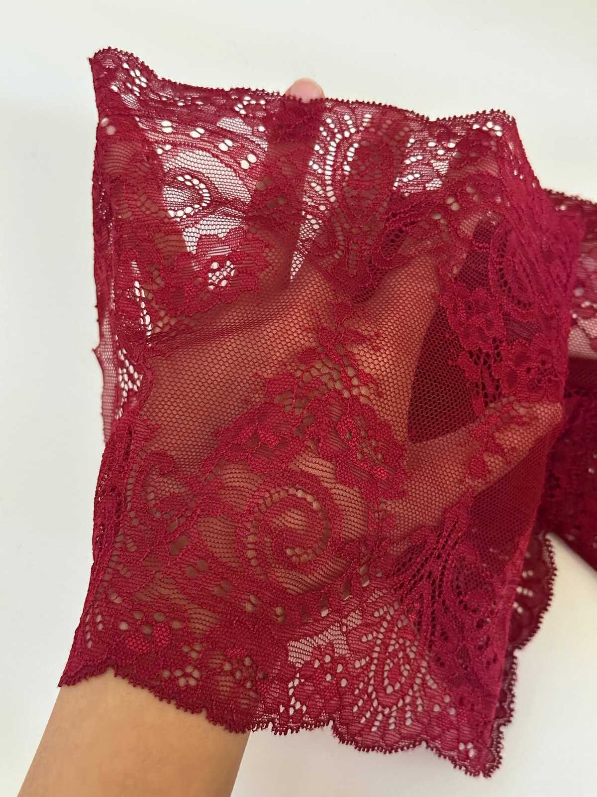 7.5" Burgundy Stretch Lace Trim Wide Wine Red Floral Elastic Galloon Scalloped Edge Lace for Lingerie Underwear Garment Sewing Crafts