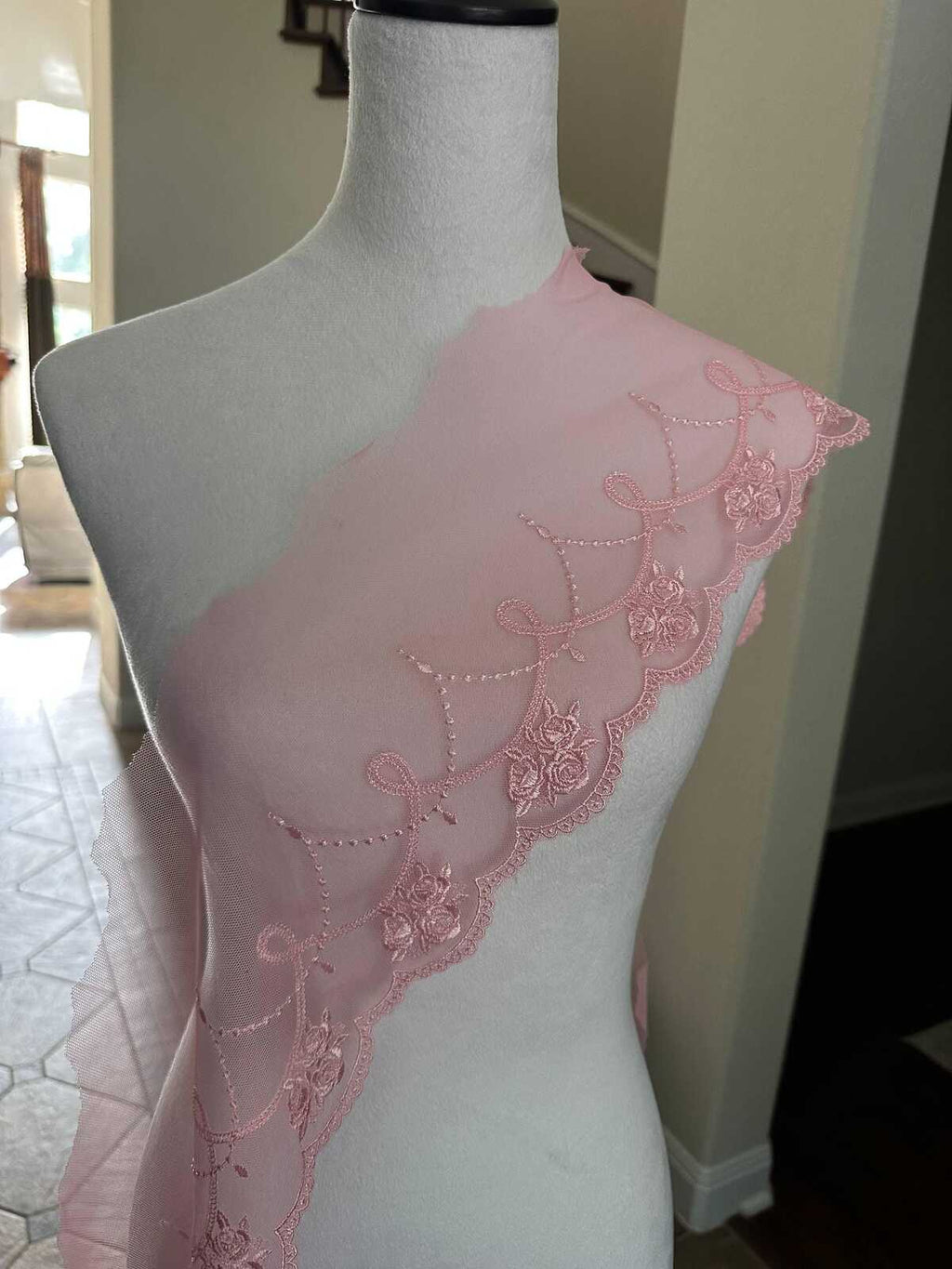 Light Baby Pink Rose Embroidered Mesh Tulle Lace Trim Symmetrical Double Scalloped Wide Galloon Ribbon for Gowns Lingerie Crafts Sewing, 6"
