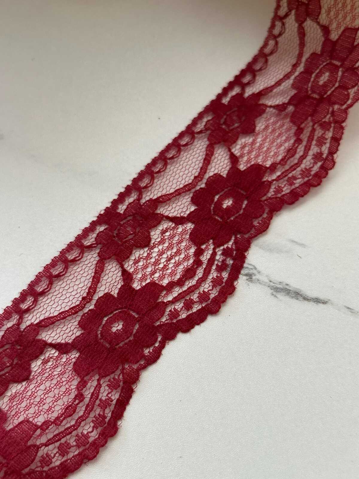10Yds Non-Stretch 1.6" Burgundy Wine Red Floral Mesh Lace Trim Wholesale