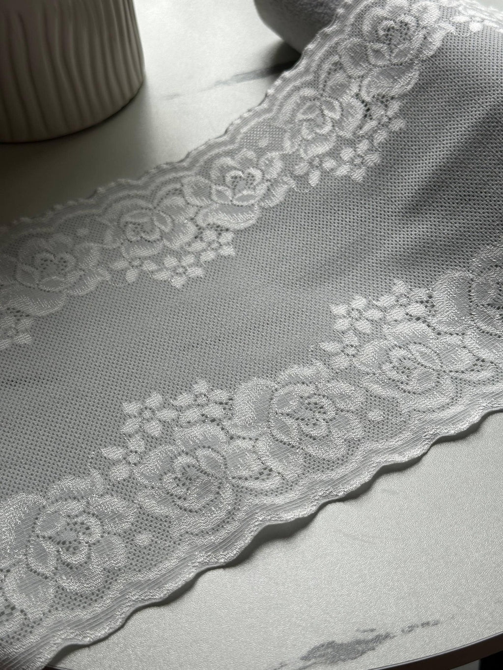Japanese Off White Rose Wide Stretch Lace Trim by Yard, Bridal Wedding Garter Robe Scalloped Panel, 7", Retail Wholesale Bulk
