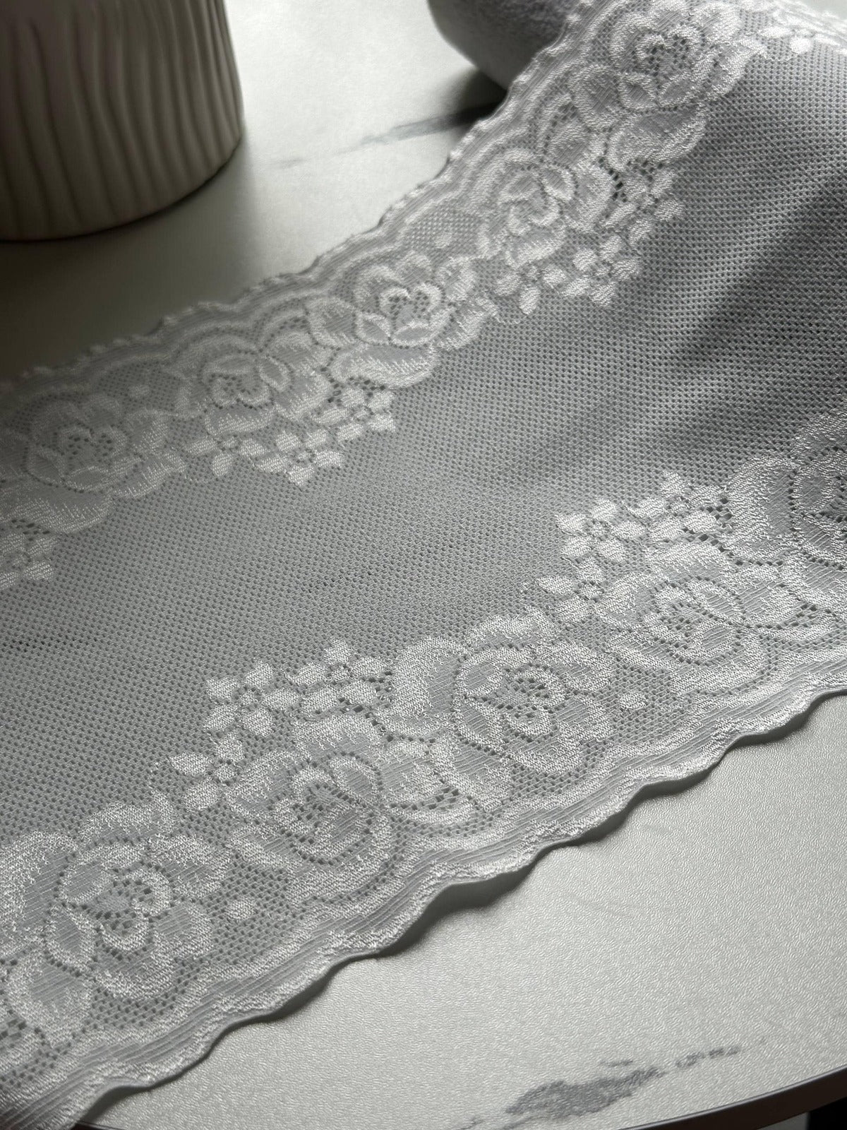 Japanese Off White Rose Wide Stretch Lace Trim by Yard, Bridal Wedding Garter Robe Scalloped Panel, 7", Retail Wholesale Bulk