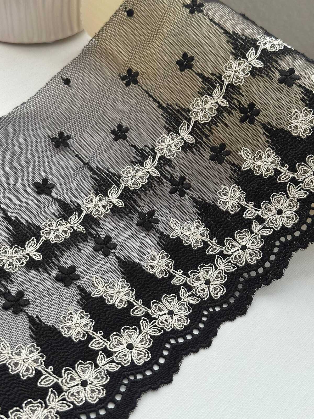 1Yd Non-Stretch 6.9" Black Off-White Floral Embroidered Mesh Lace Wholesale