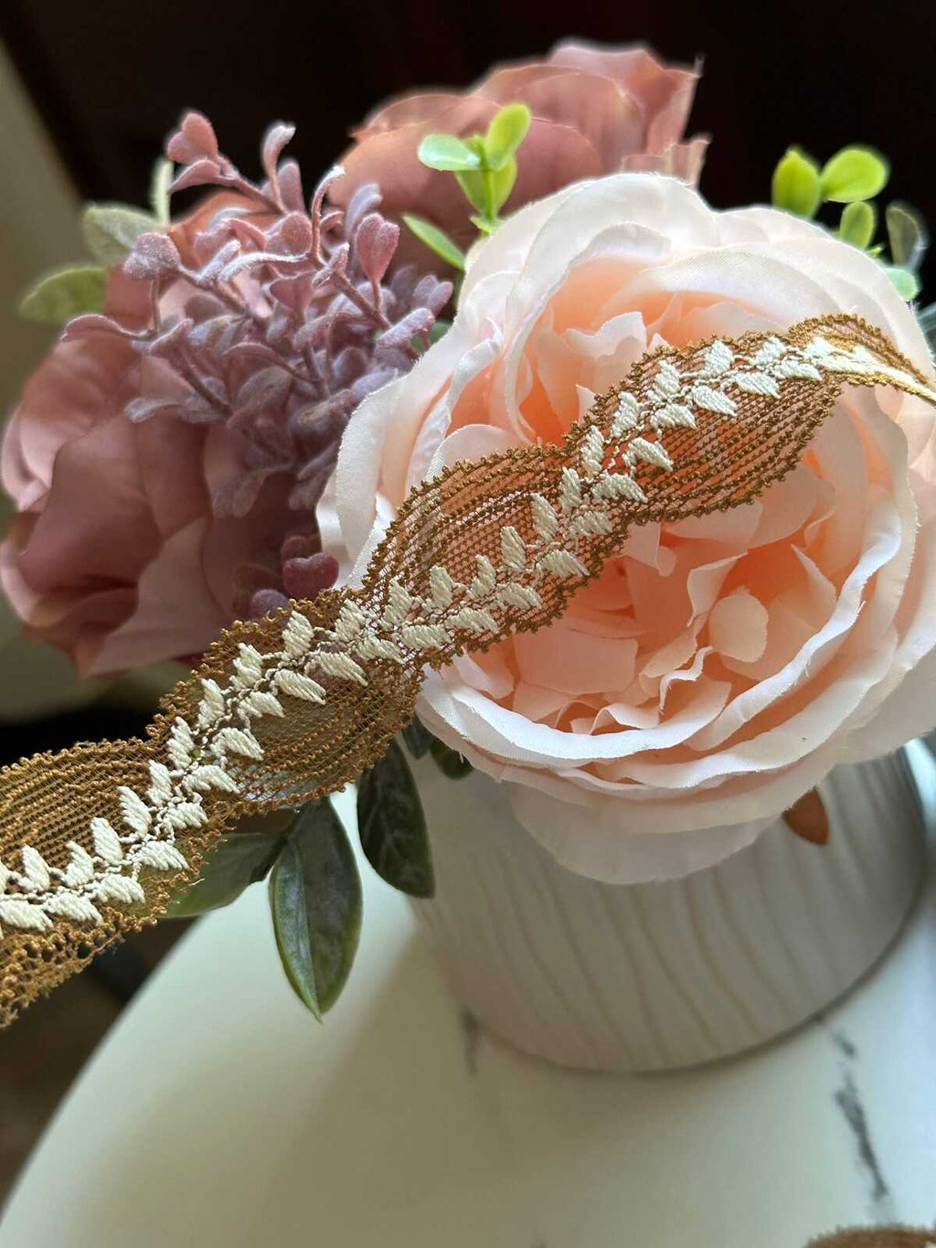 10yds Soft Mustard Gold Leaf Embroidery Stretch Lace Trim by the Yard, Narrow Elastic Ribbon for Coquette Crafts, 1", Retail Wholesale Bulk