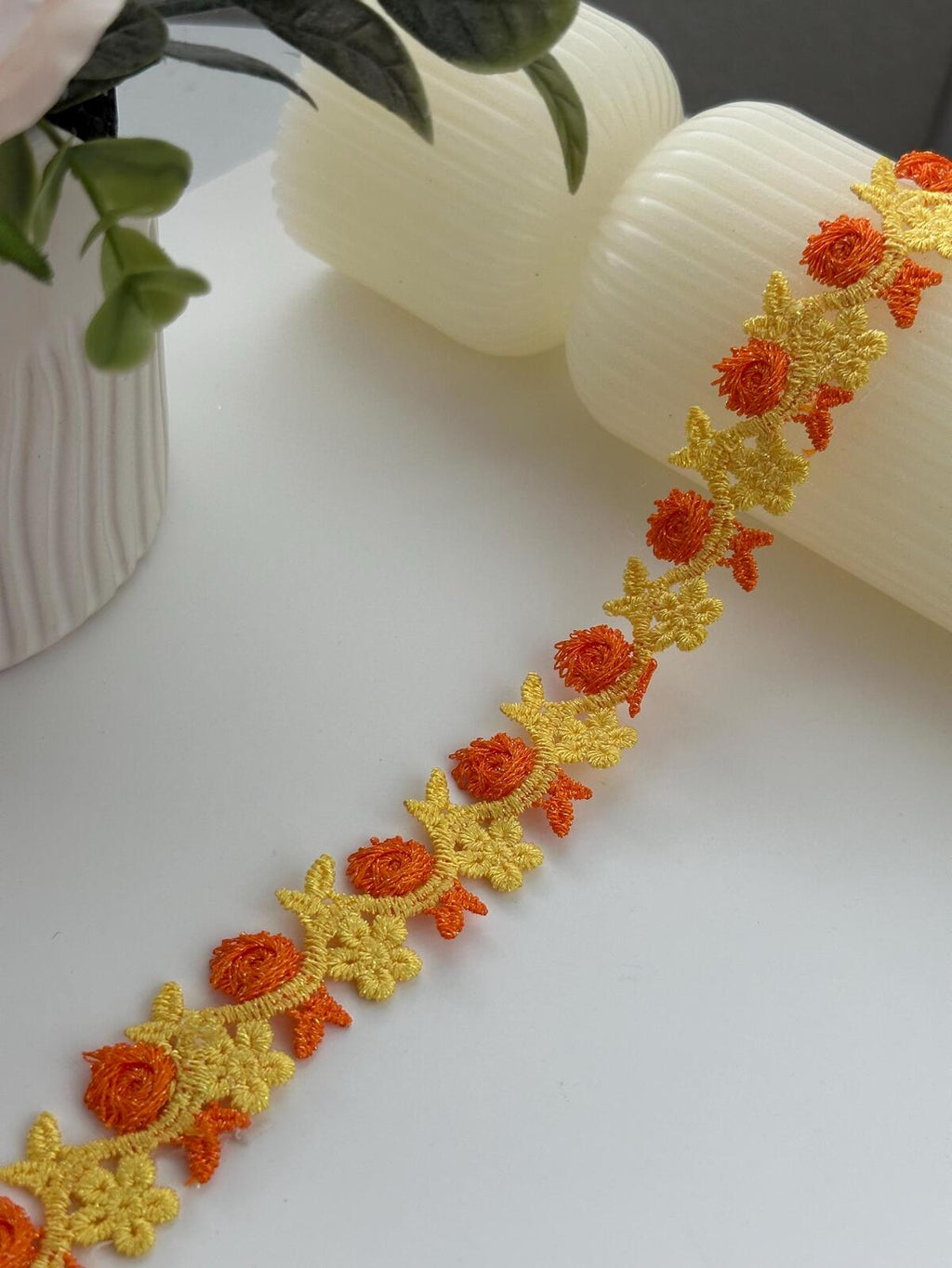 3Yds Non-Stretch 0.8" Yellow Orange 3D Rose Flower Embroidered Lace Wholesale