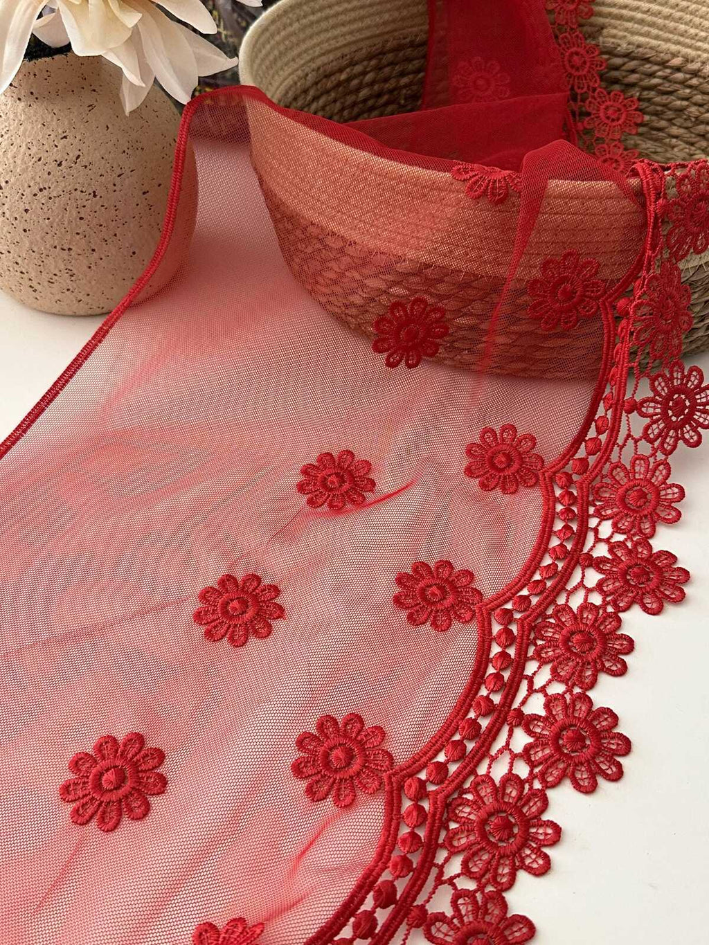 3Yds Non-Stretch 11" Red Daisy Floral Mesh Embroidered Lace Trim, Wholesale