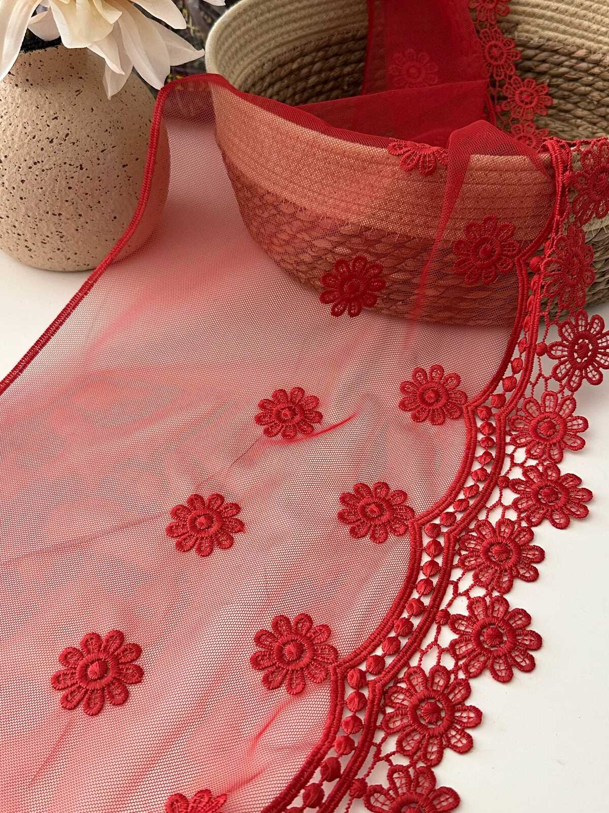 3Yds Non-Stretch 11" Red Daisy Floral Mesh Embroidered Lace Trim, Wholesale