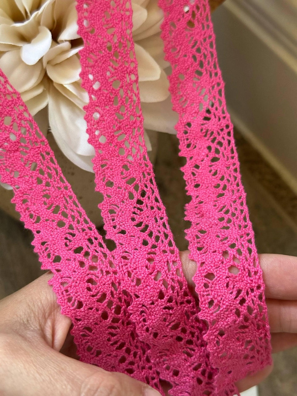 Raspberry Pink Crochet Cotton Lace Trim by Yard, Openwork Ribbon, Coquette Craft Supply, 1", Retail Wholesale Bulk