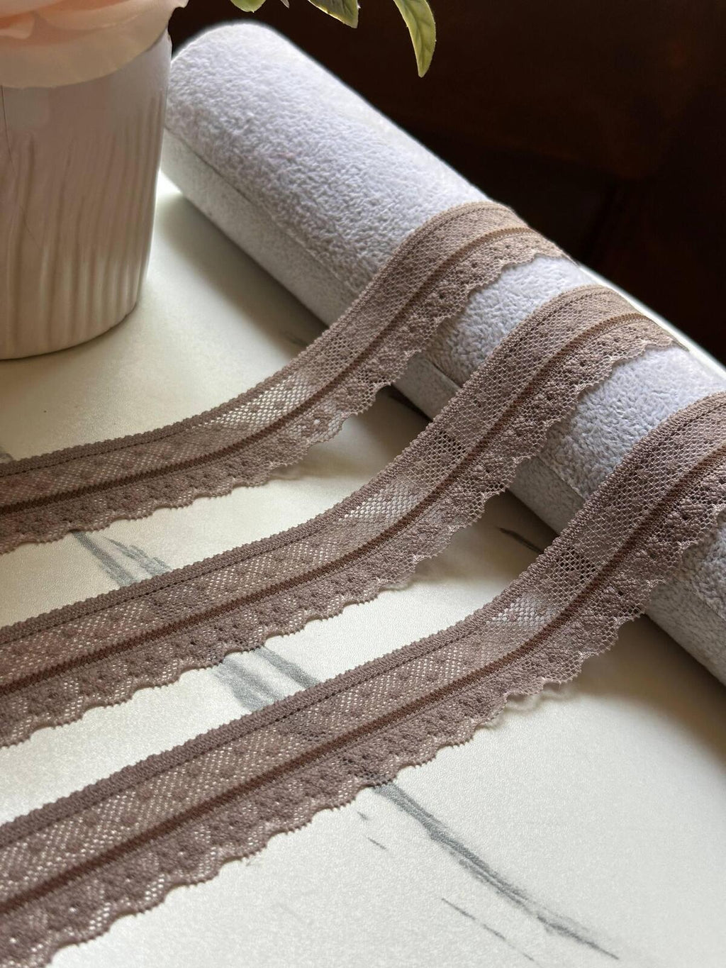 Soft Two Tone Milk Tea Mocha Brown Stretch Lace Trim by the Yard, Scalloped Elastic Ribbon for Coquette Crafts, 1", Retail Wholesale Bulk