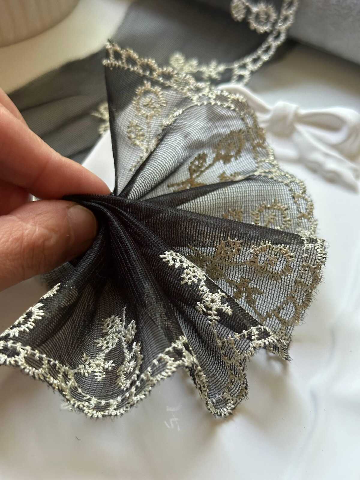 10yds Charcoal Black Gold Embroidered Organza Lace Trim by the Yard, Wide Structured Floral Border Ribbon for Curtains Pillows Crafts, 2.5"